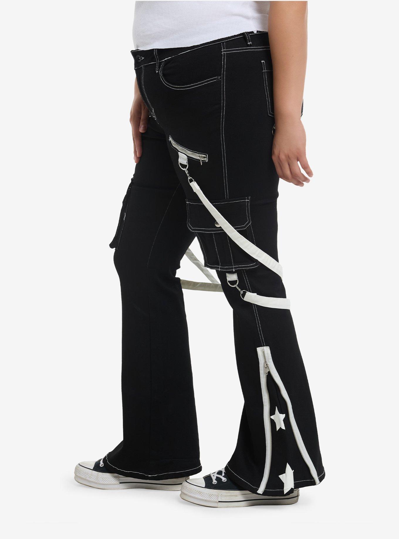 White Star Suspender Flare Denim Pants Plus Size, , alternate