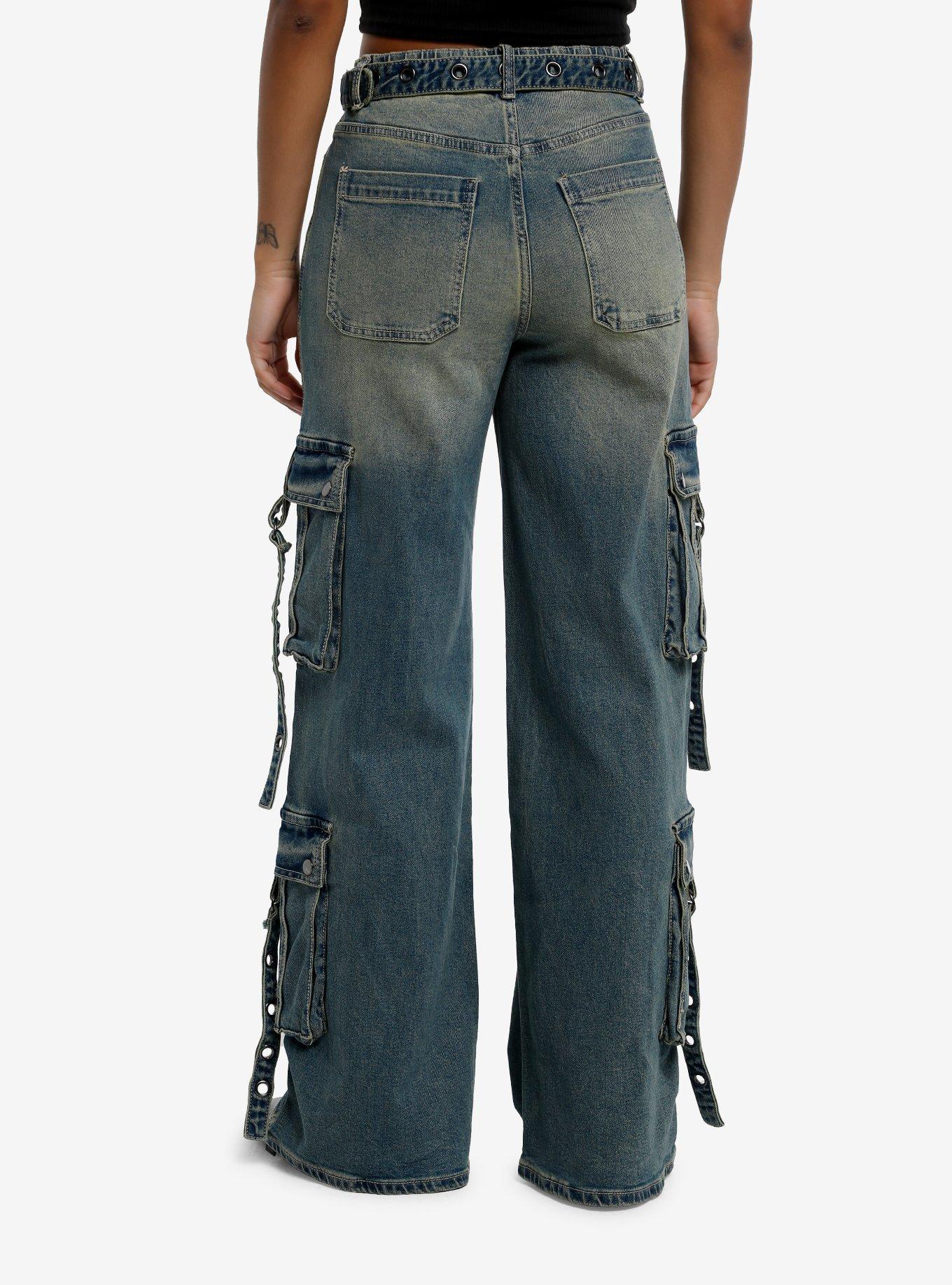 Social Collision Vintage Light Indigo Wash Cargo Pocket Wide Leg Jeans, , hi-res
