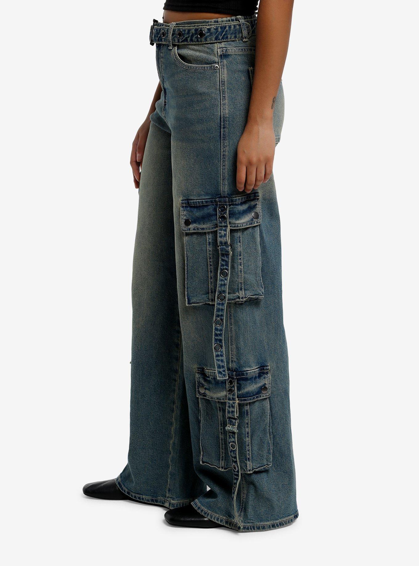 Social Collision Vintage Light Indigo Wash Cargo Pocket Wide Leg Jeans, BLUE, alternate