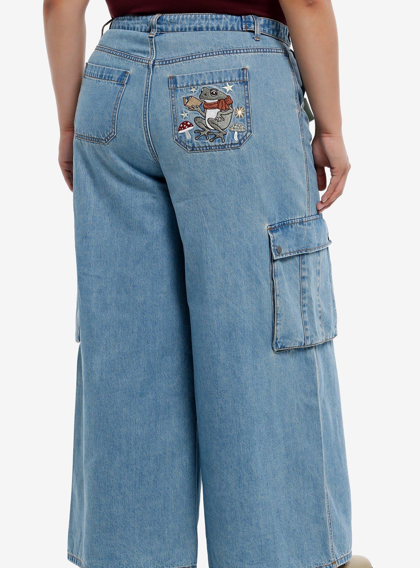 Light Indigo Frog Mushroom Embroidered Wide Leg Cargo Jeans Plus Size, , hi-res