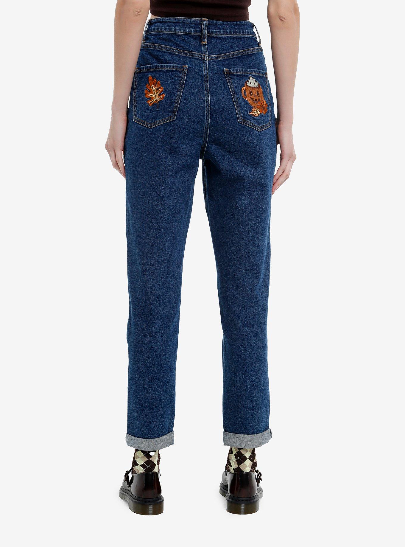Dark Indigo Jack-O'-Lantern Treats Embroidered Mom Jeans Plus Size, , hi-res