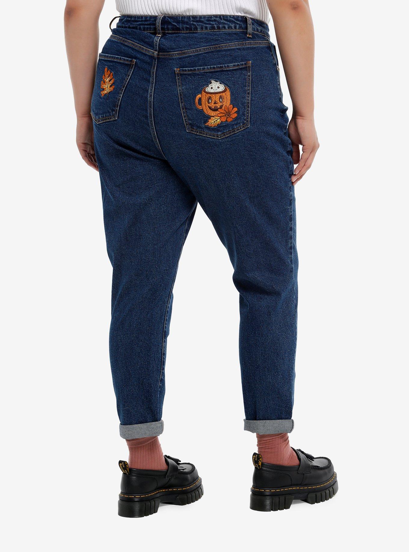 Dark Indigo Jack-O'-Lantern Treats Embroidered Mom Jeans Plus Size, , hi-res