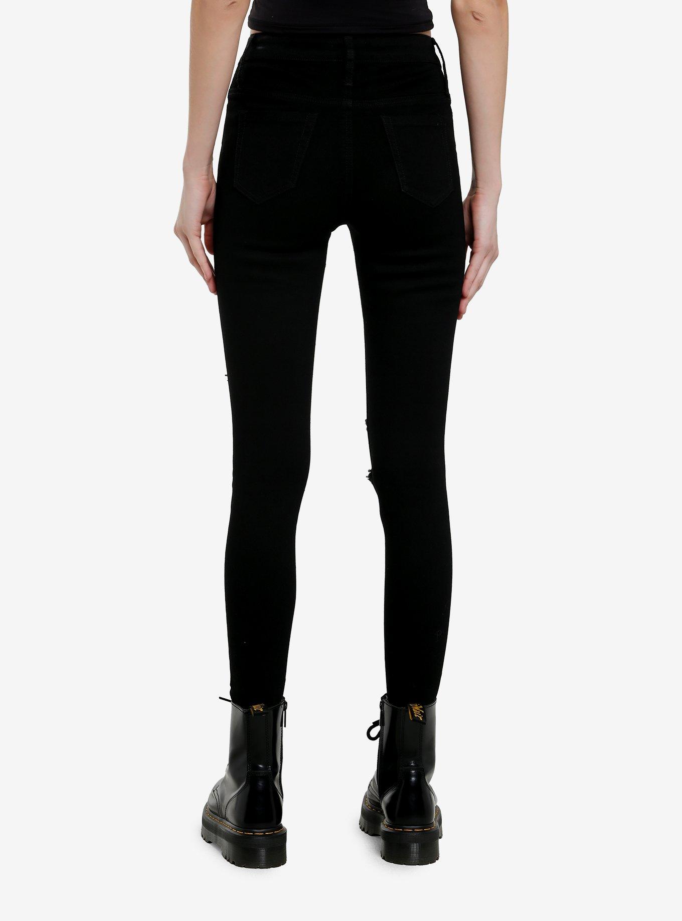 Black Spiderweb Mesh Destructed Skinny Jeans, , hi-res
