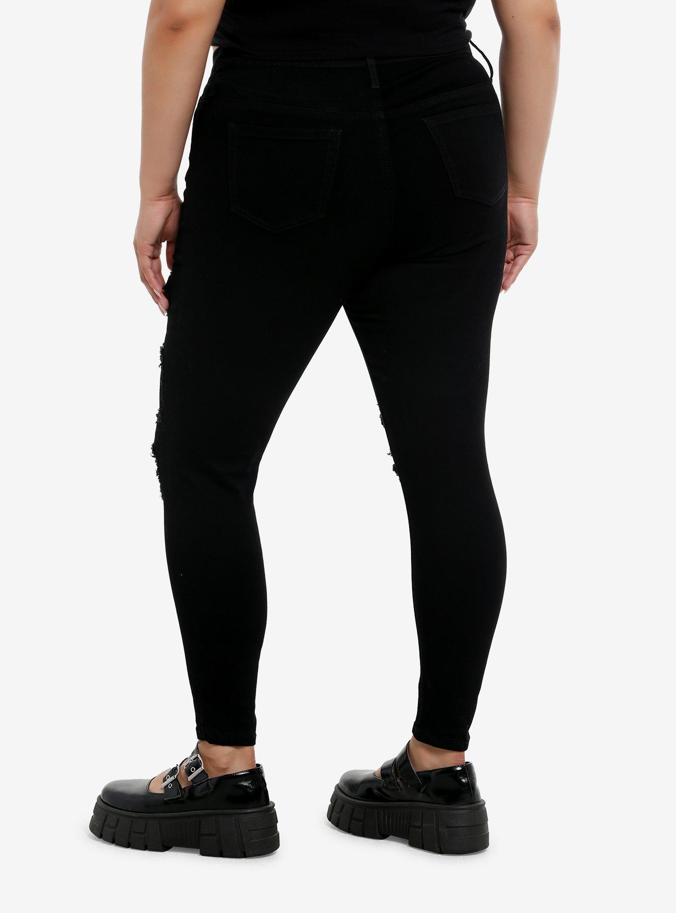 Black Spiderweb Mesh Destructed Skinny Jeans Plus Size, , hi-res