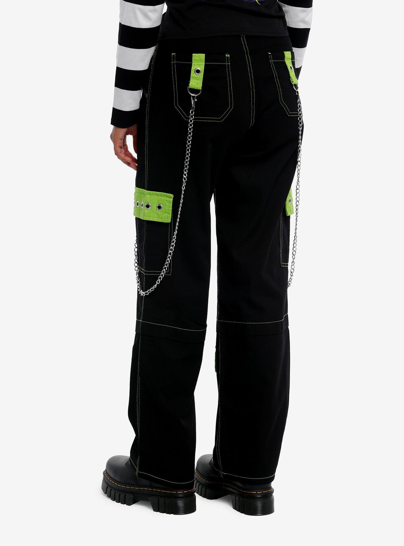 Black & Neon Green Grommet Chain Wide Leg Cargo Pants, , hi-res