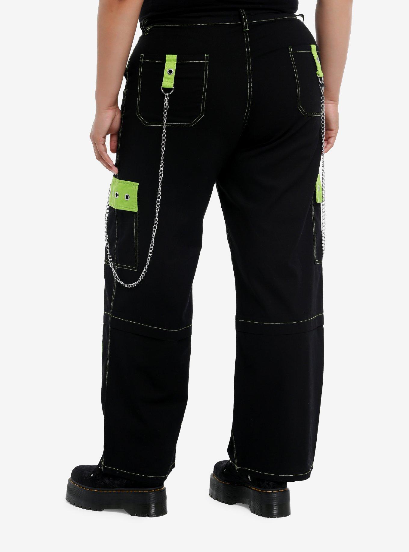 Black & Neon Green Grommet Chain Wide Leg Cargo Pants, , hi-res