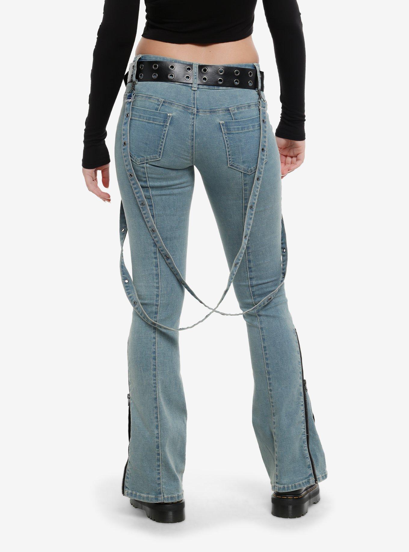 Social Collision Light Indigo Suspender Low Rise Flare Pants With Grommet Belt, , hi-res