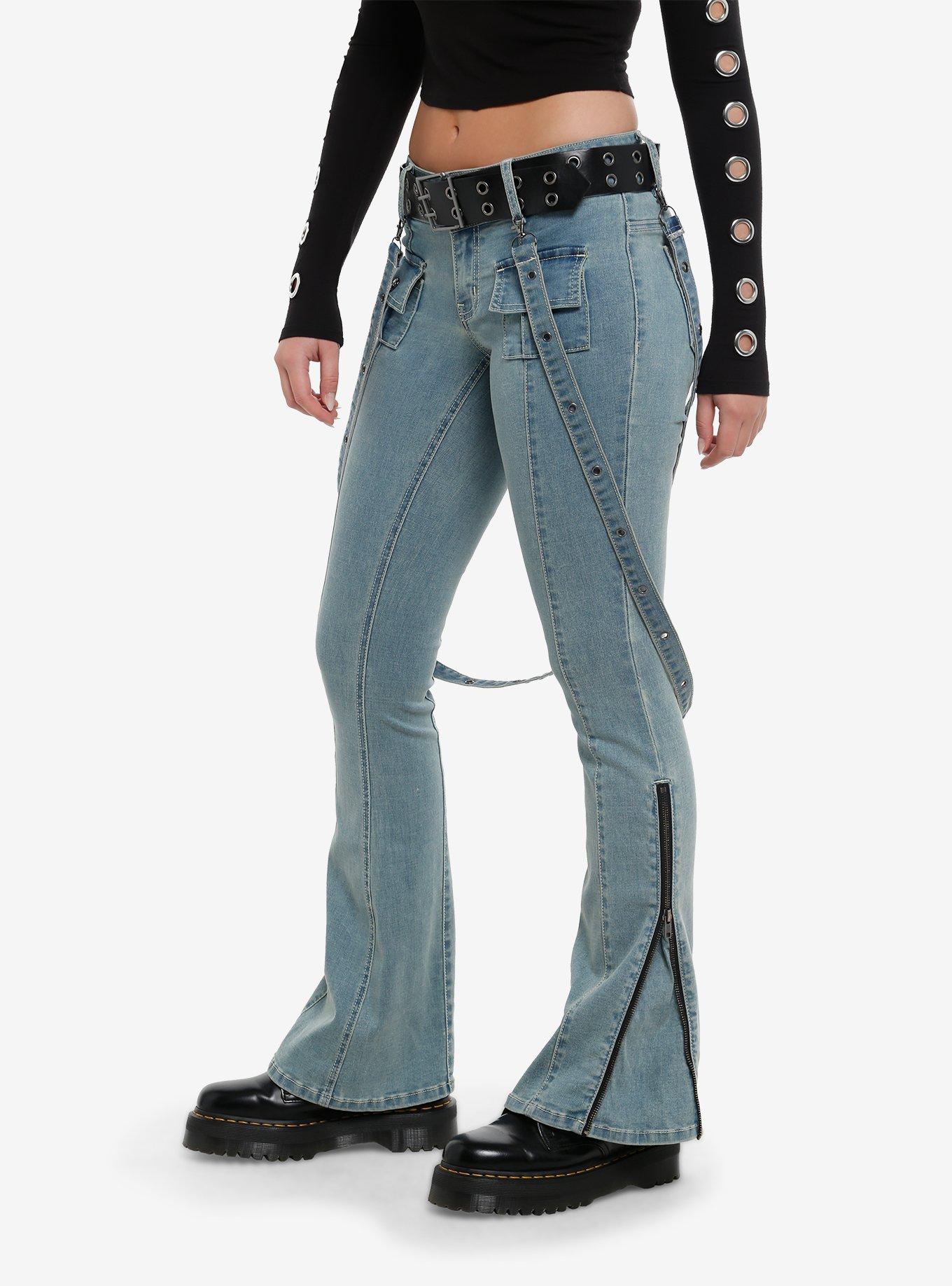 Social Collision Light Indigo Suspender Low Rise Flare Pants With Grommet Belt, BLUE, alternate