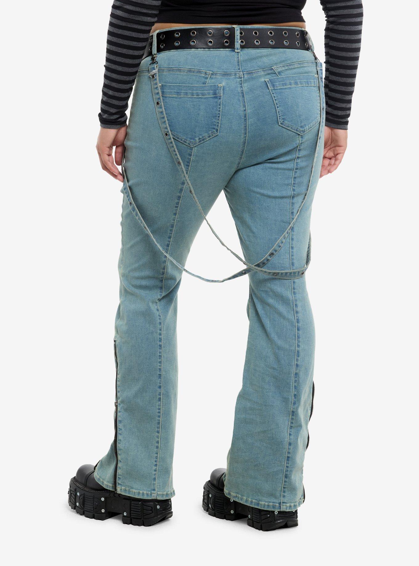 Social Collision Light Indigo Suspender Low Rise Flare Pants With Grommet Belt Plus Size, , hi-res