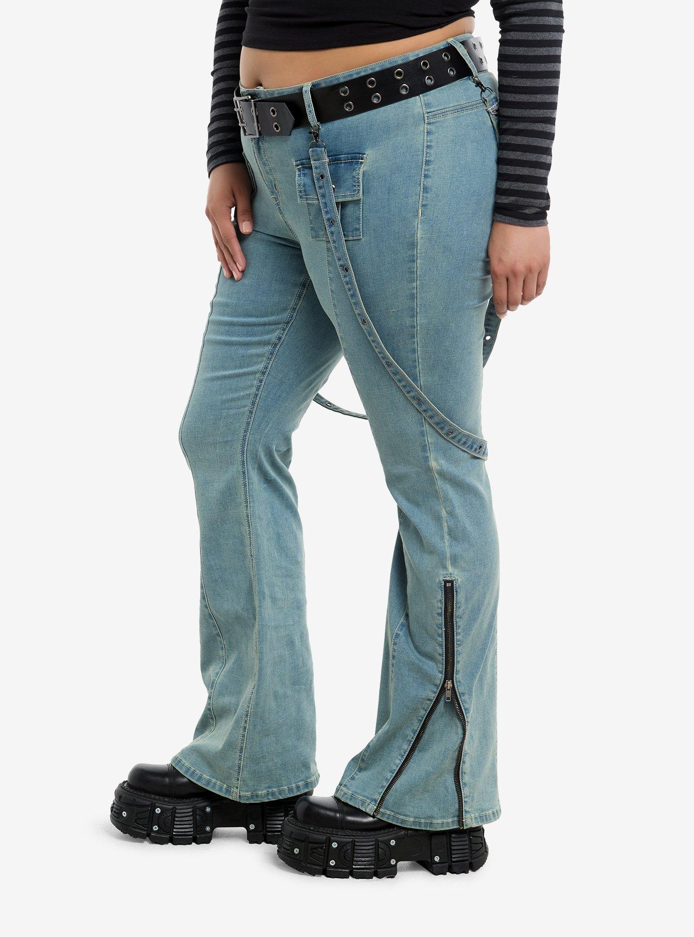 Social Collision Light Indigo Suspender Low Rise Flare Pants With Grommet Belt Plus Size, BLUE, alternate