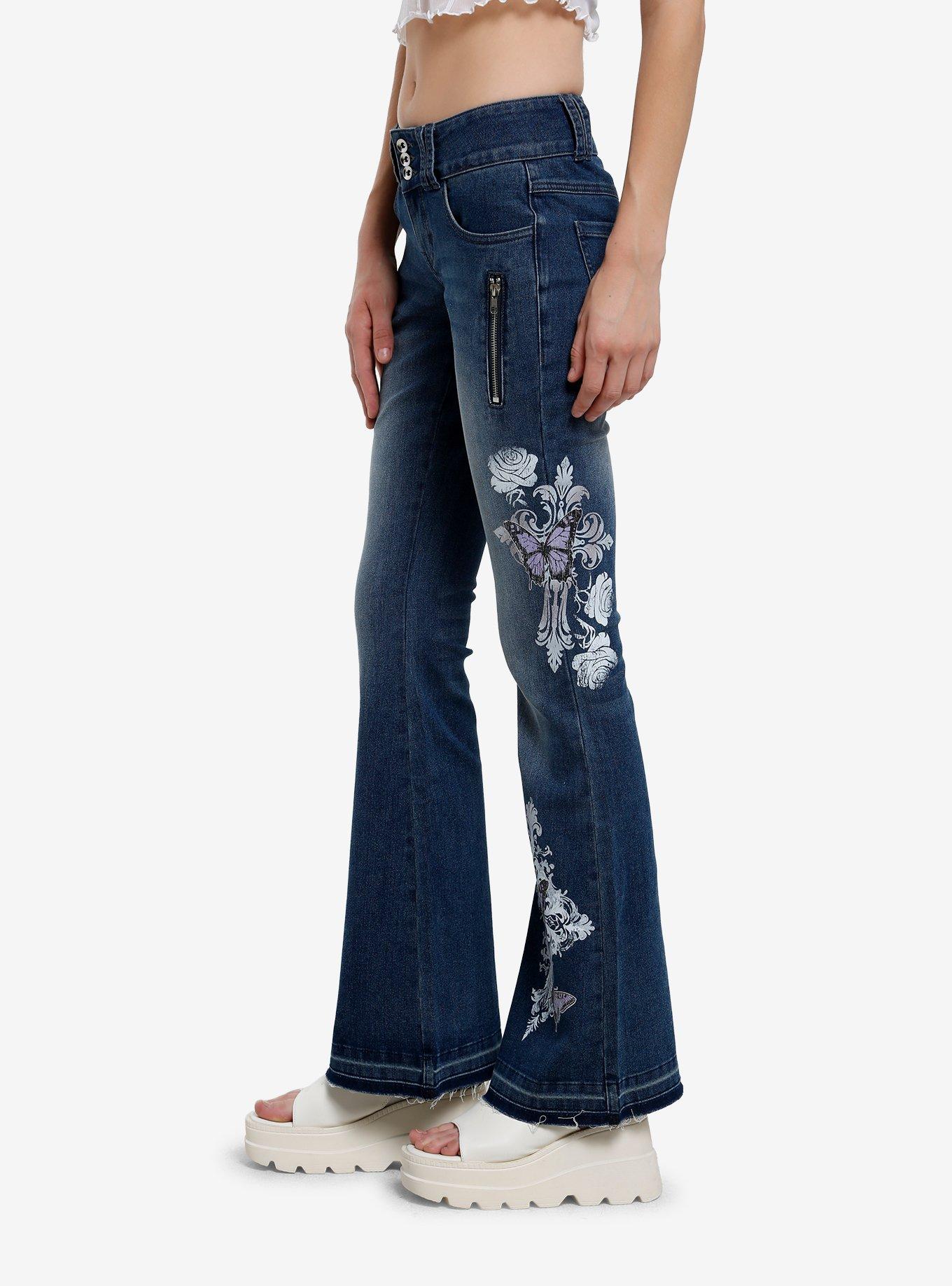 Social Collision Butterfly Skull Low-Rise Denim Flare Jeans, BLUE, alternate