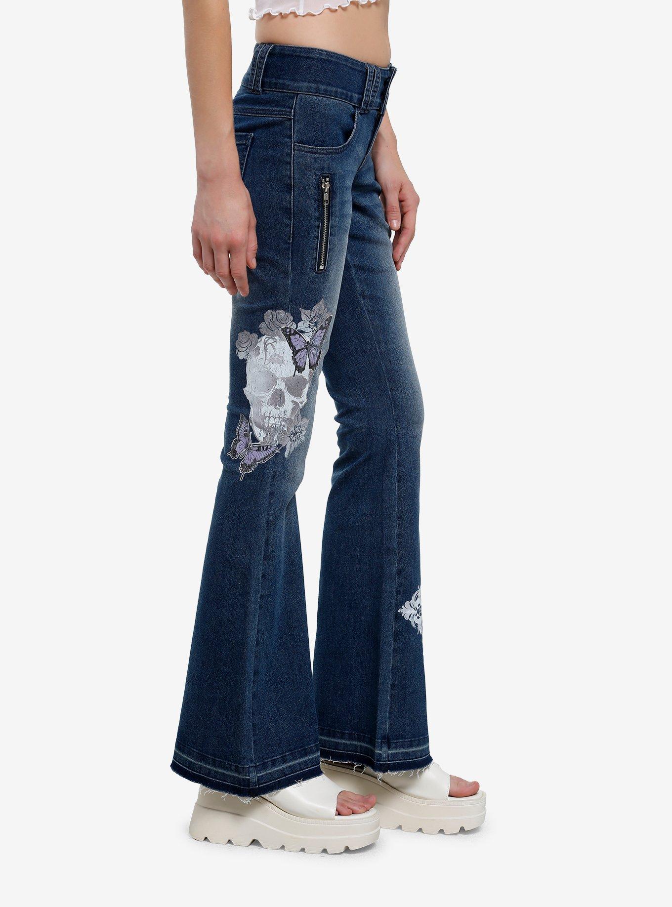 Social Collision Butterfly Skull Low-Rise Denim Flare Jeans, BLUE, alternate
