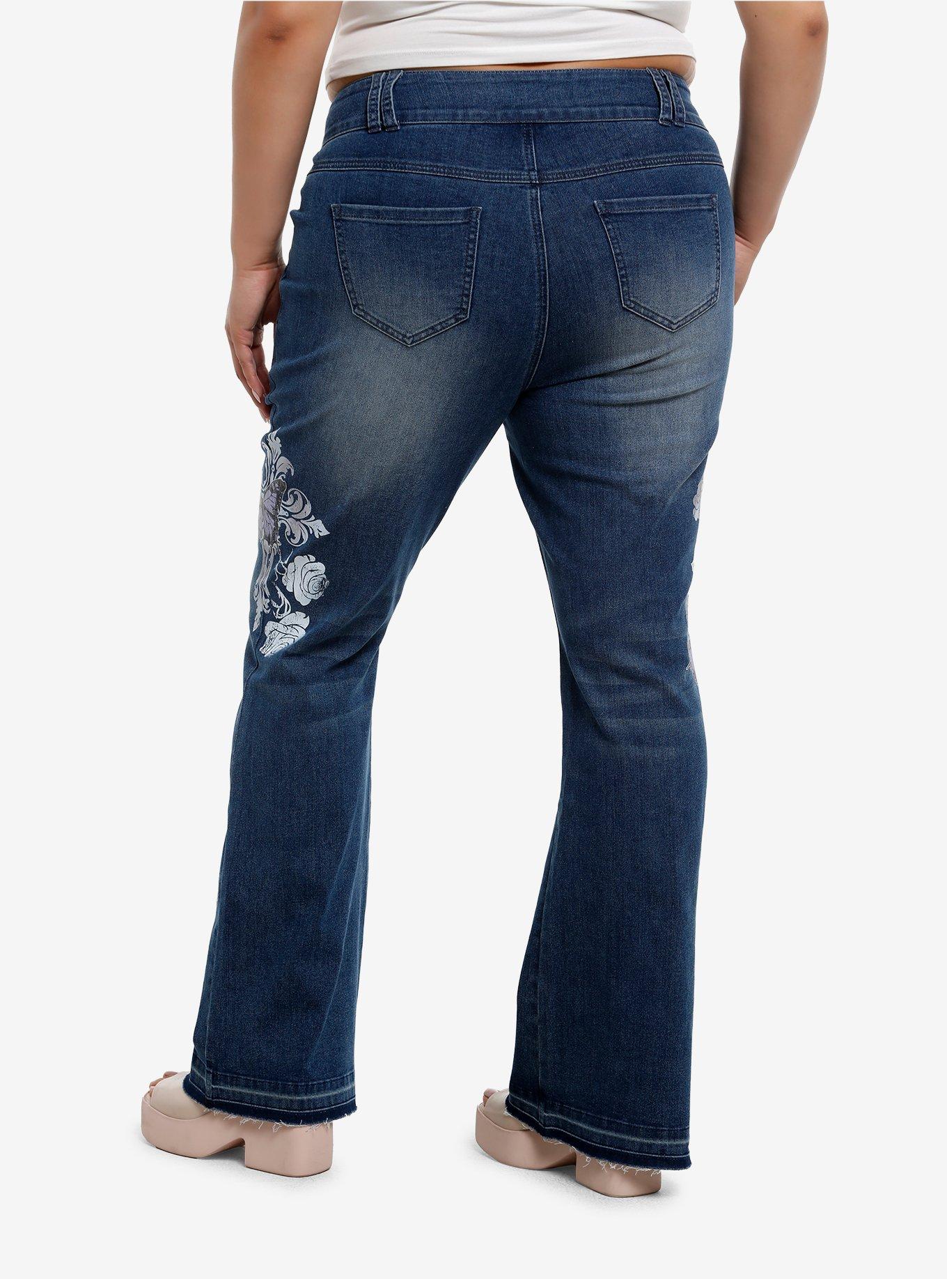Social Collision Butterfly Skull Low-Rise Denim Flare Jeans Plus Size, , hi-res