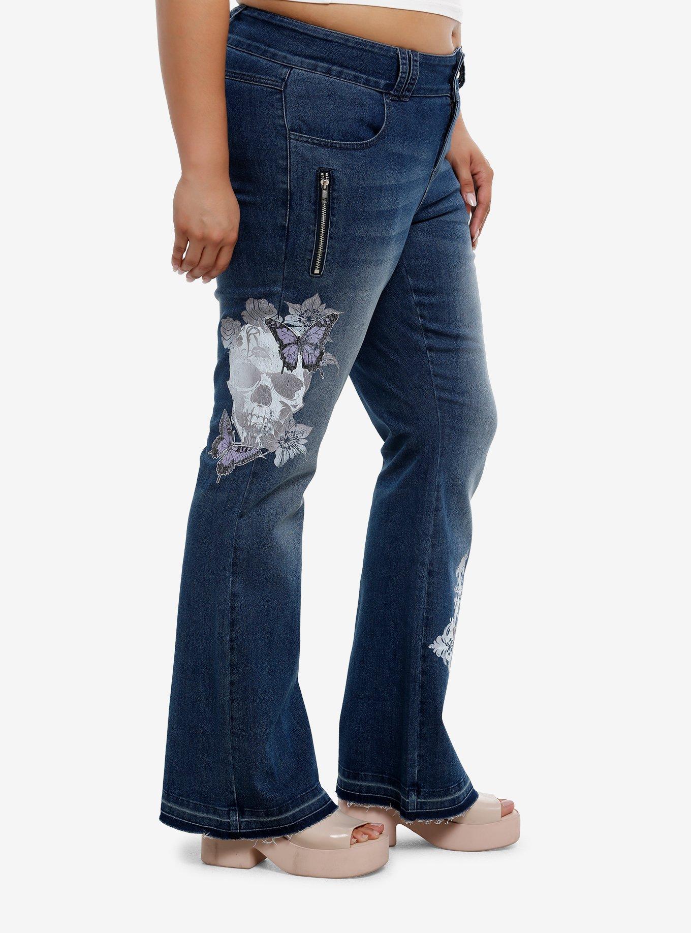 Social Collision Butterfly Skull Low-Rise Denim Flare Jeans Plus Size, BLUE, alternate