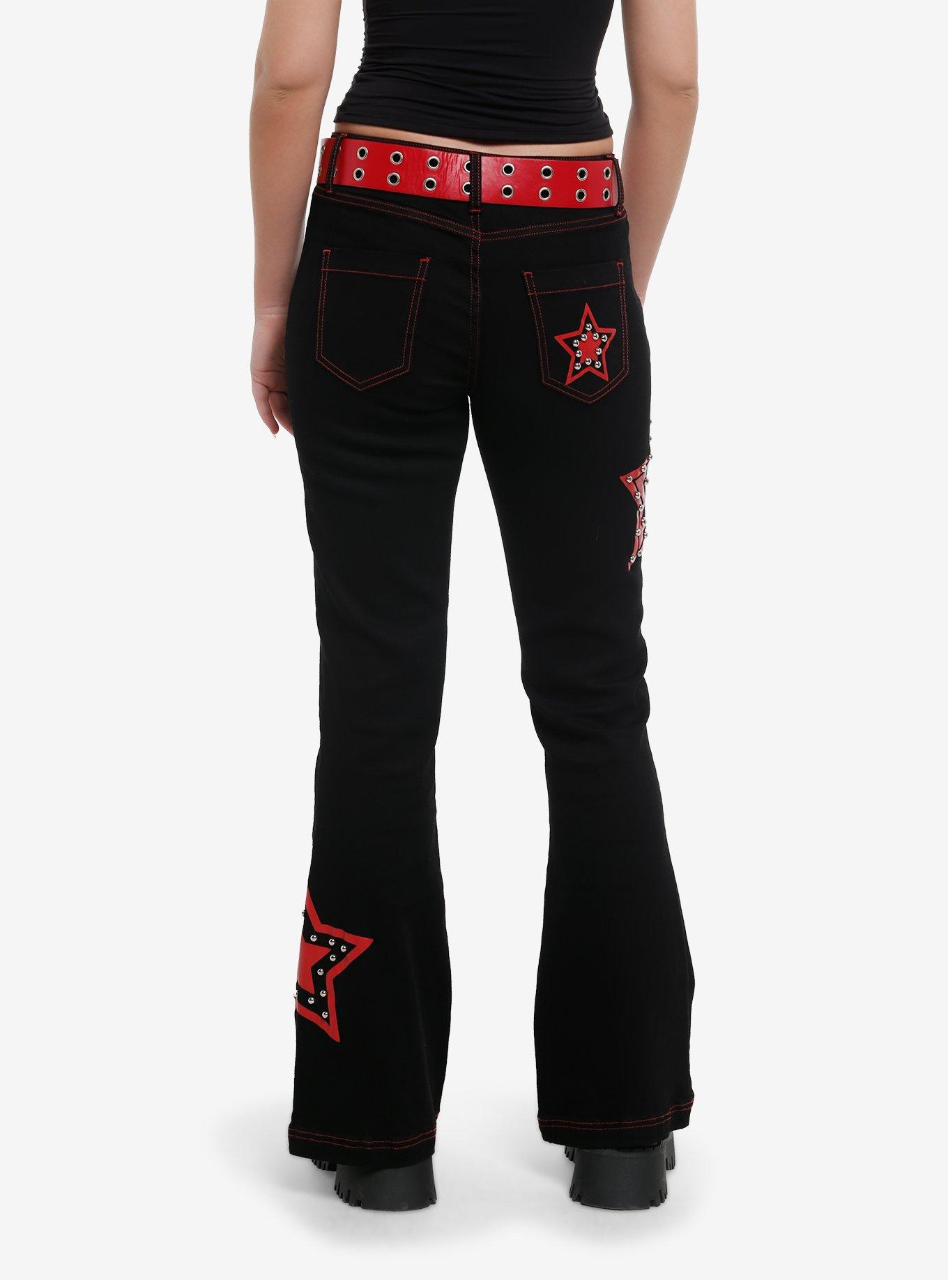 Social Collision Red Star Studded Black Low Rise Flares With Grommet Belt, , hi-res