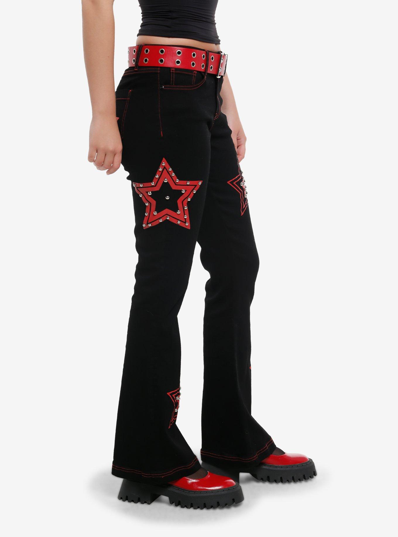 Social Collision Red Star Studded Black Low Rise Flares With Grommet Belt, RED, alternate