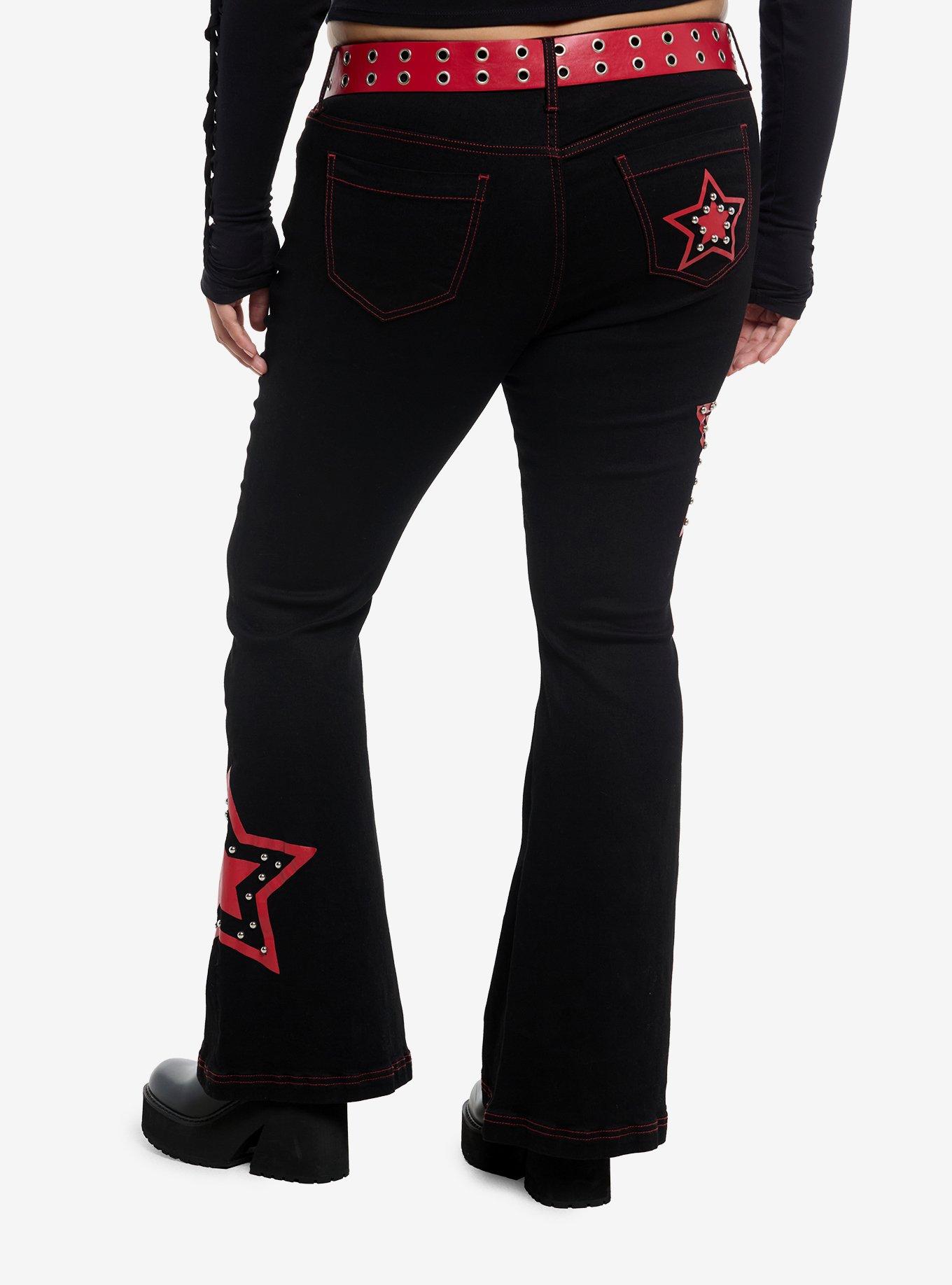 Social Collision Red Star Studded Black Low Rise Flares With Grommet Belt Plus Size, , hi-res
