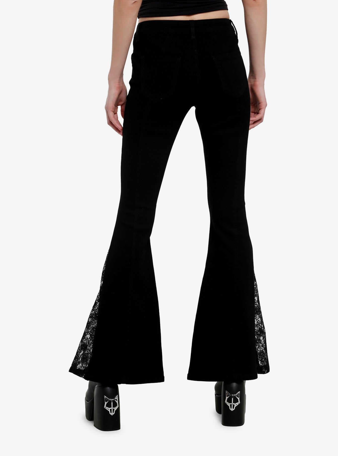 Black Stud Floral Lace Low-Rise Flare Jeans, , hi-res