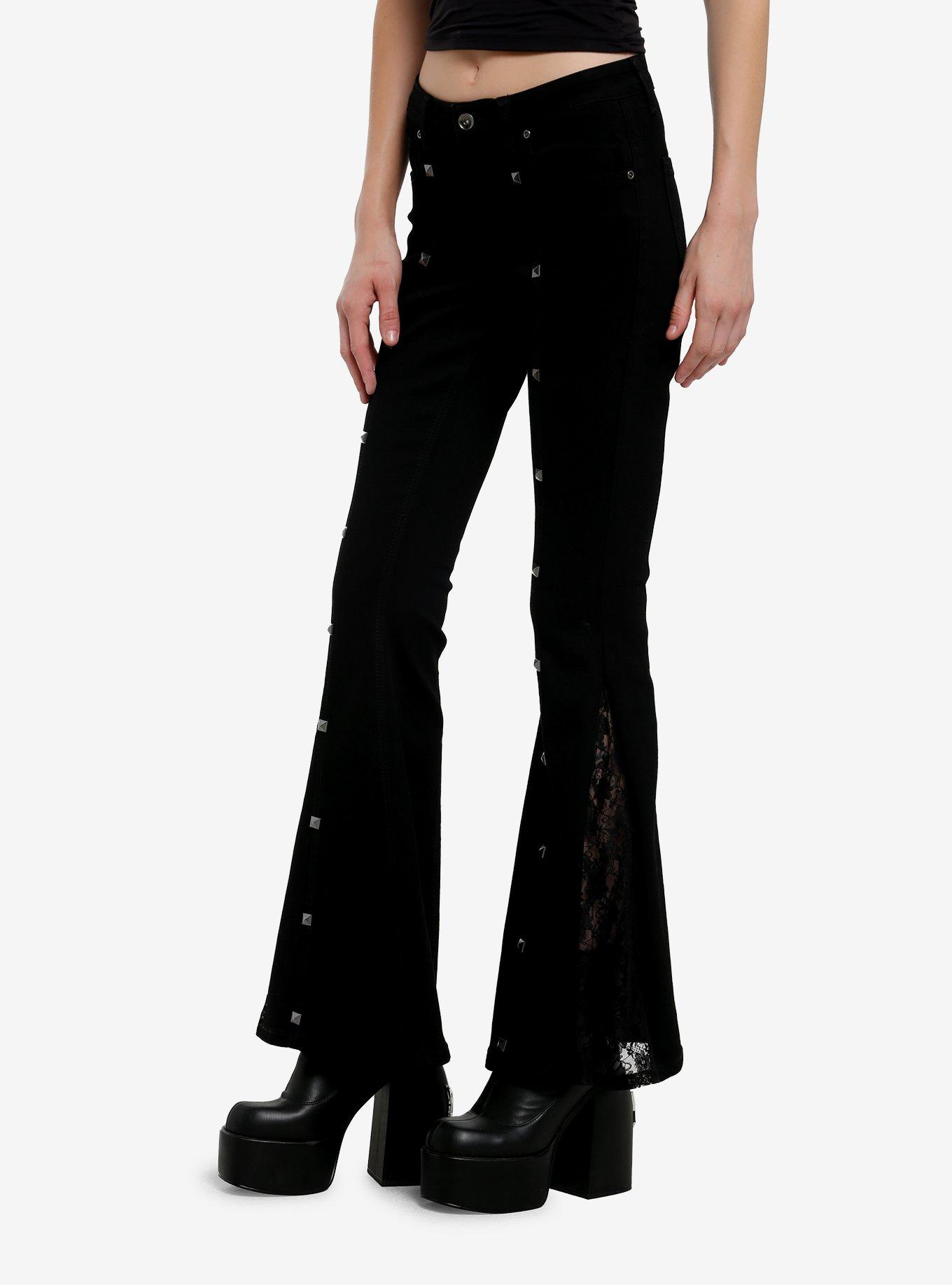 Black Stud Floral Lace Low-Rise Flare Jeans, BLACK, alternate