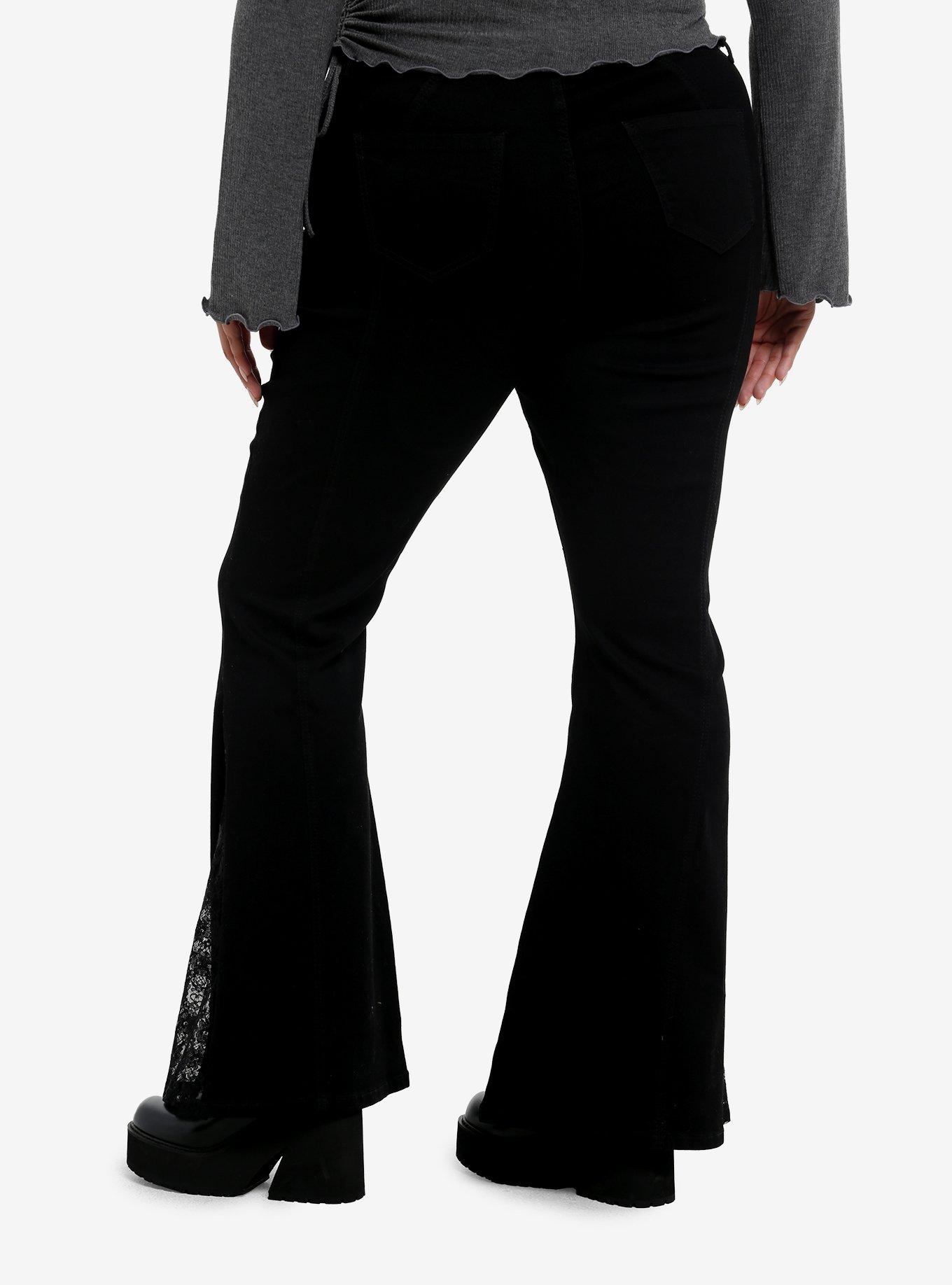 Black Stud Floral Lace Low-Rise Flare Jeans Plus Size, , hi-res