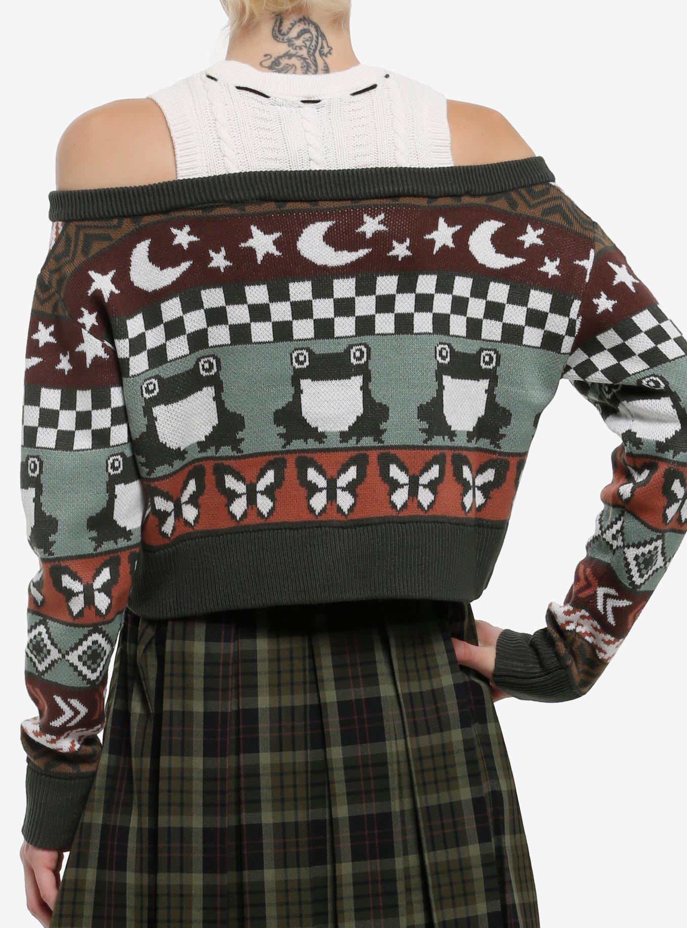 Thorn & Fable Frog & Butterfly Girls Twofer Cardigan, BROWN, alternate