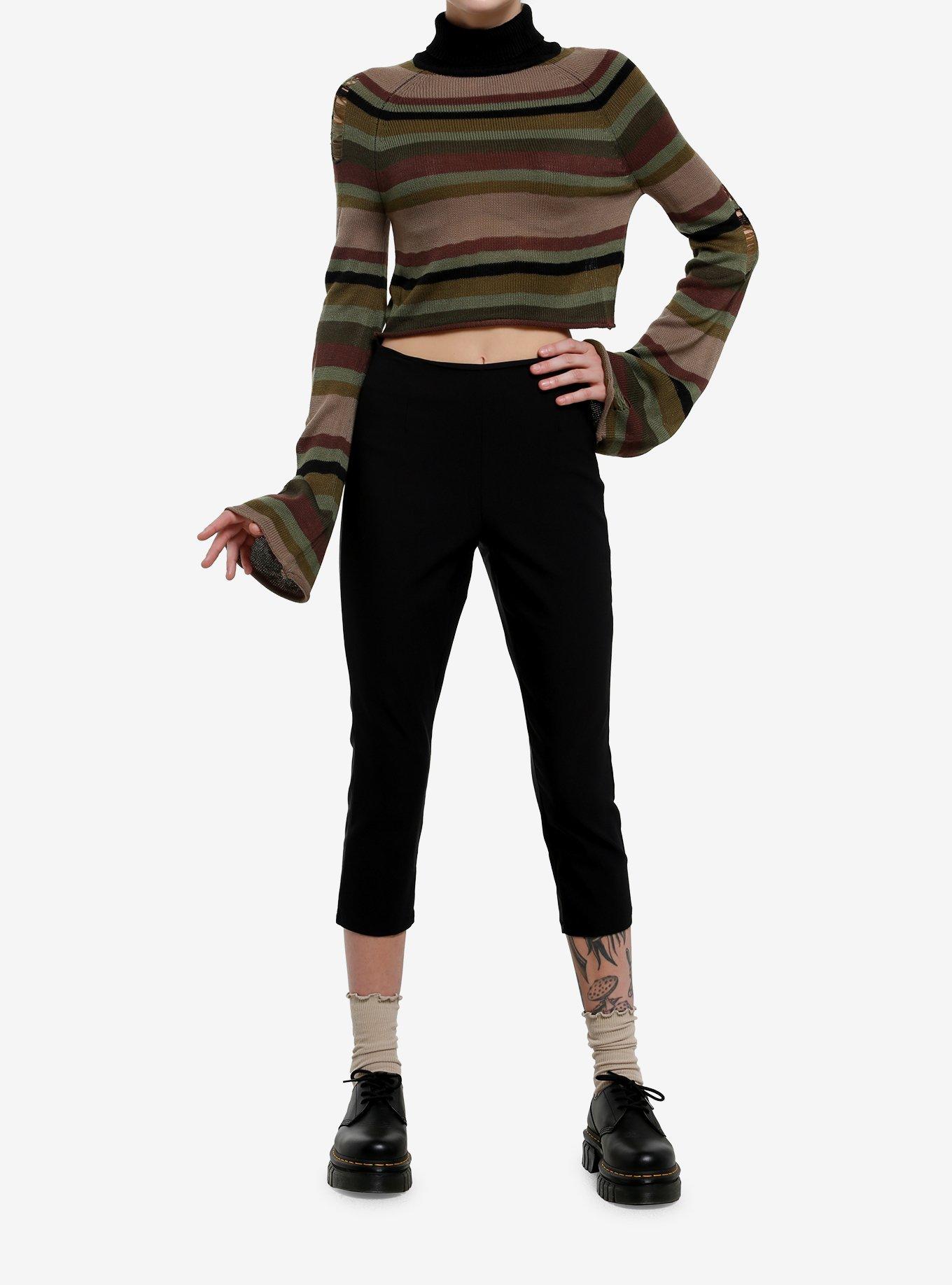 Social Collision Brown Black & Green Stripe Crop Girls Turtleneck Sweater, , hi-res