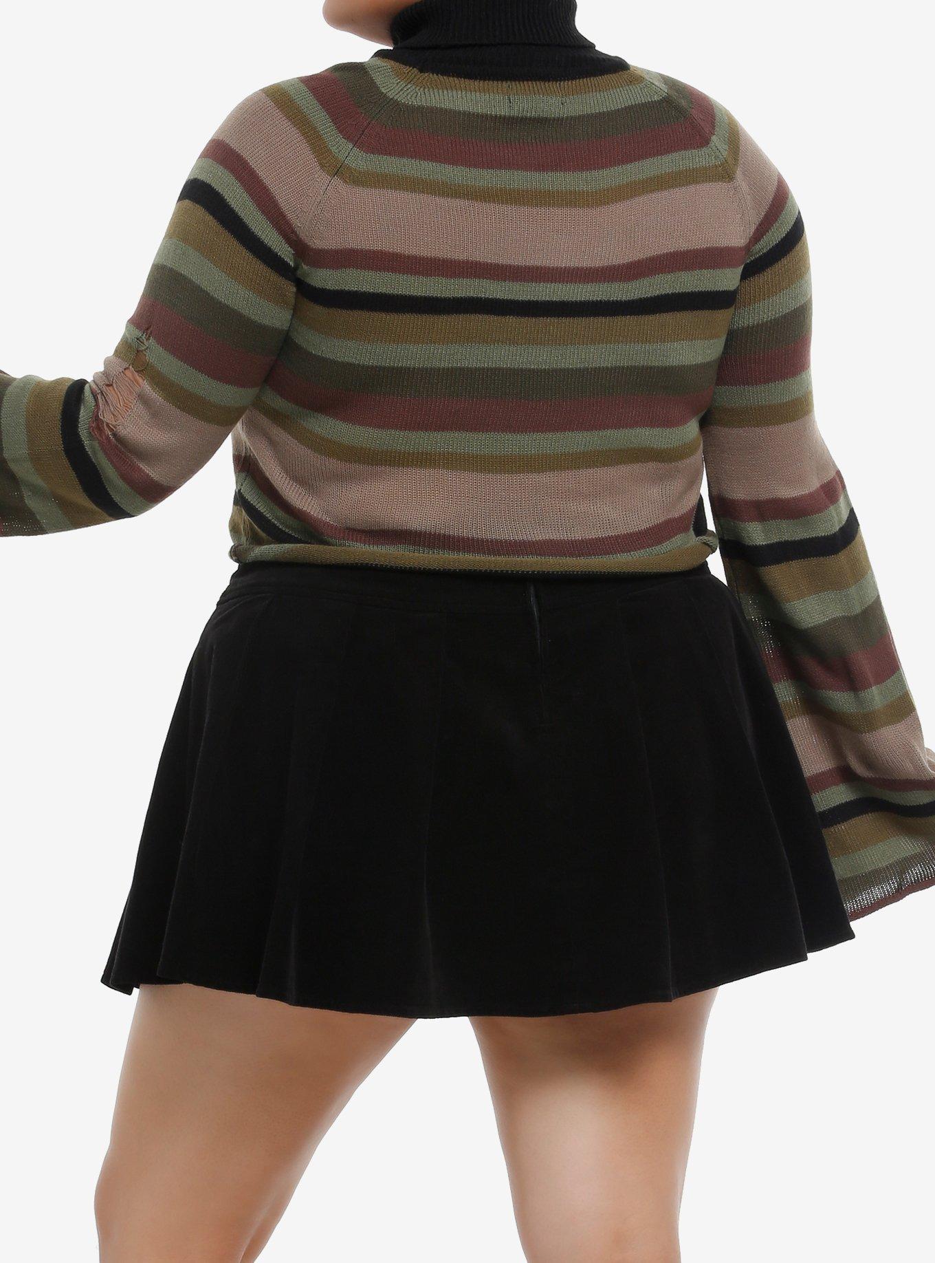 Social Collision Brown Black & Green Stripe Crop Girls Turtleneck Sweater Plus Size, , hi-res
