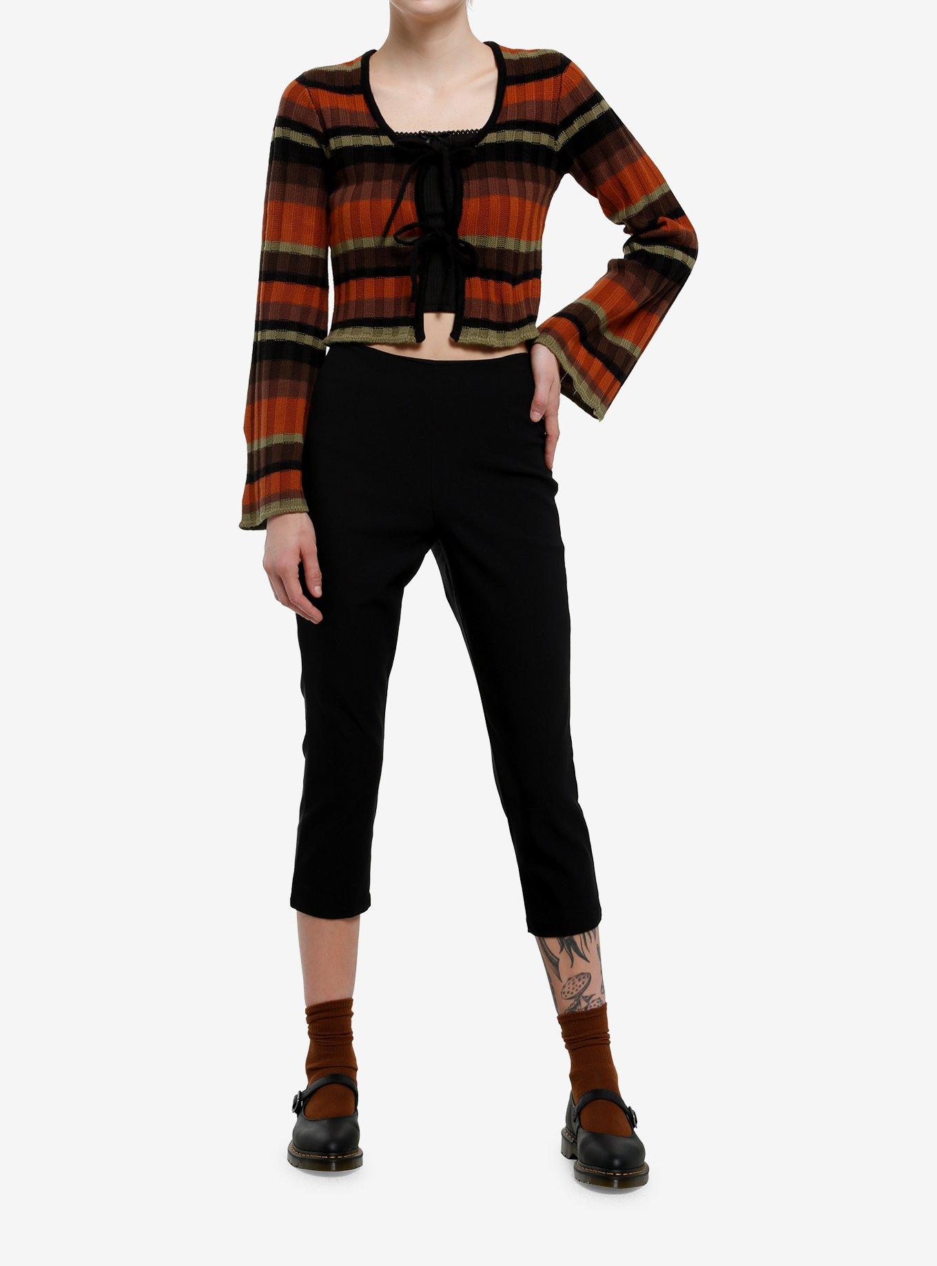Thorn & Fable Orange Brown Green & Black Stripe Tie-Front Sweater, , hi-res