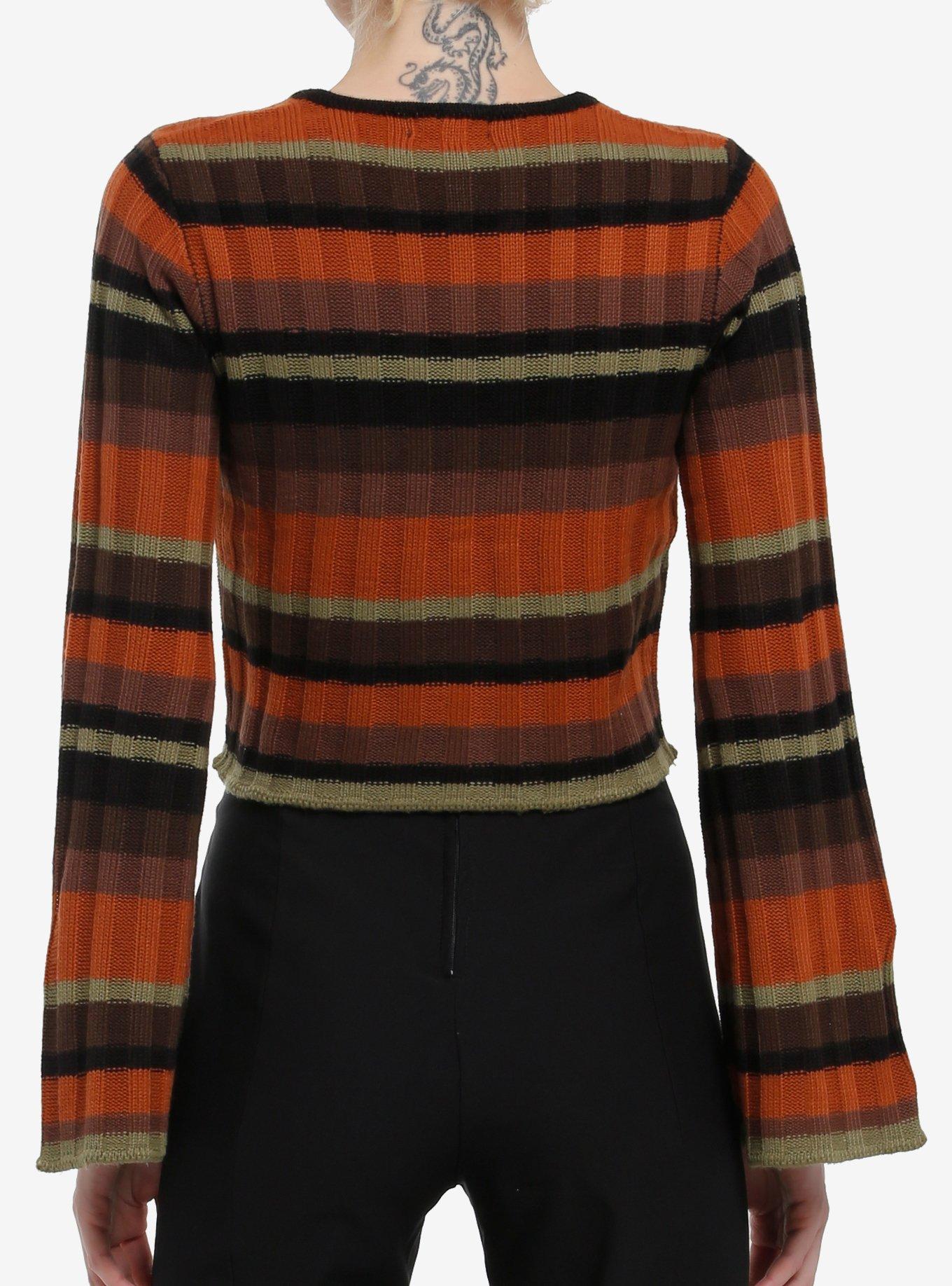Thorn & Fable Orange Brown Green & Black Stripe Tie-Front Sweater, ORANGE, alternate