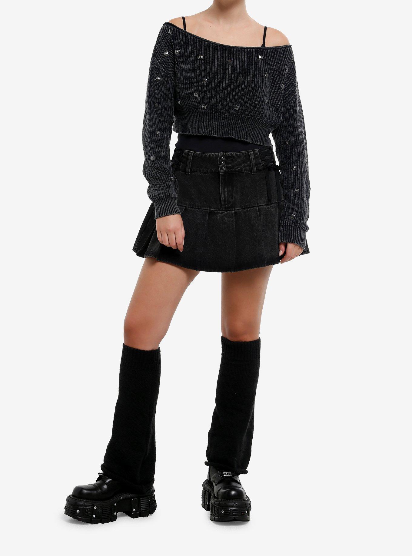 Social Collision Grey Knit Studded Girls Crop Sweater, , hi-res