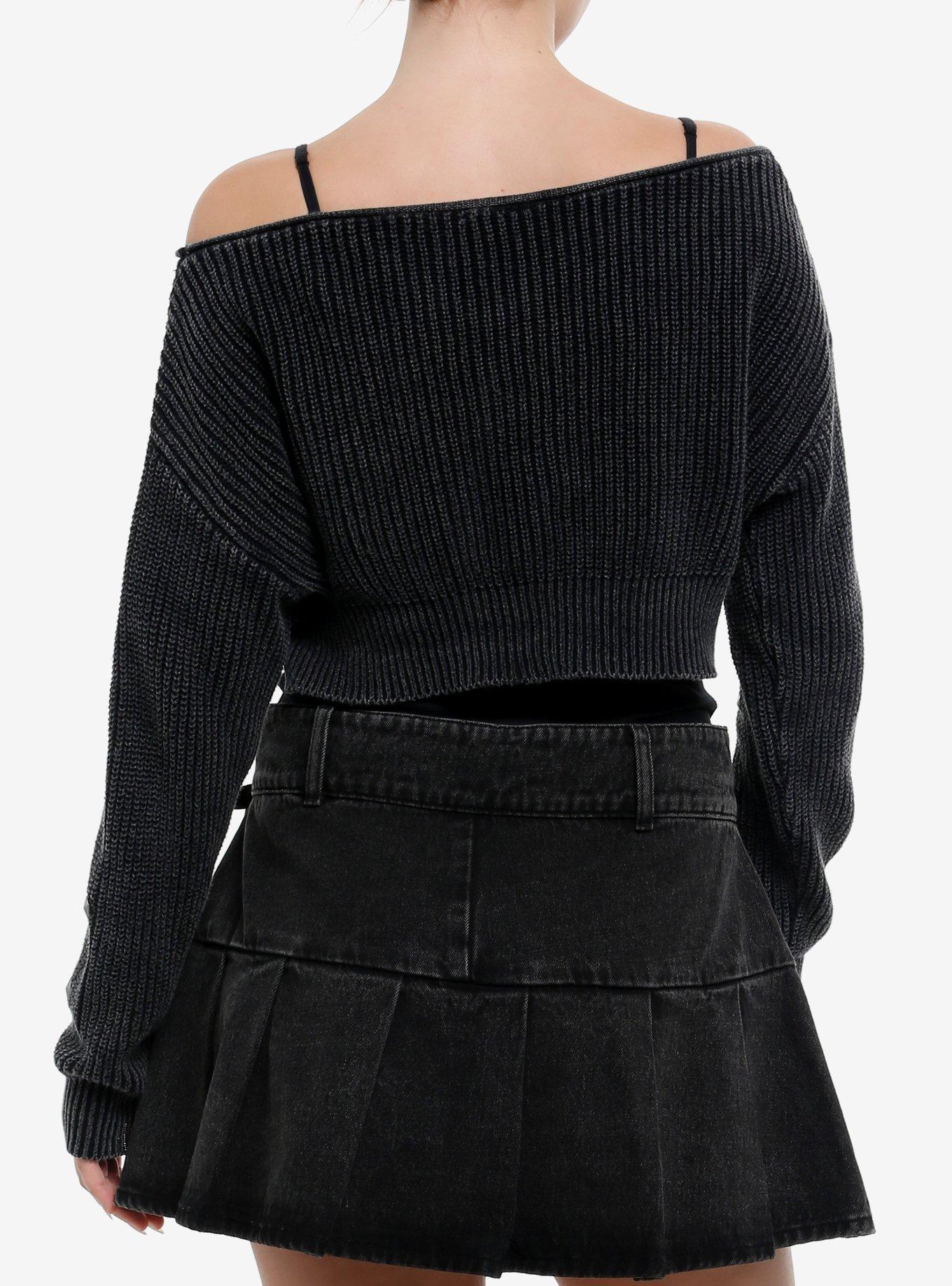 Social Collision Grey Knit Studded Girls Crop Sweater, BLACK, alternate