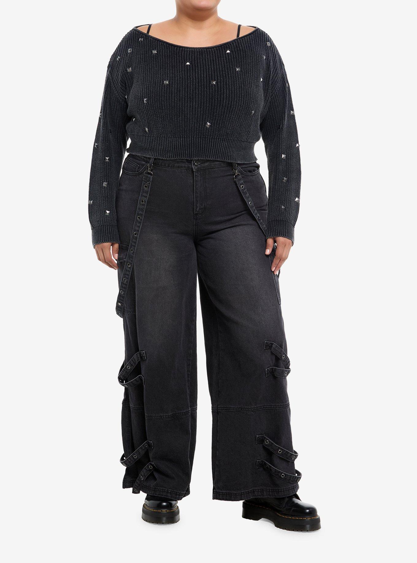 Social Collision Grey Knit Studded Girls Crop Sweater Plus Size, , hi-res