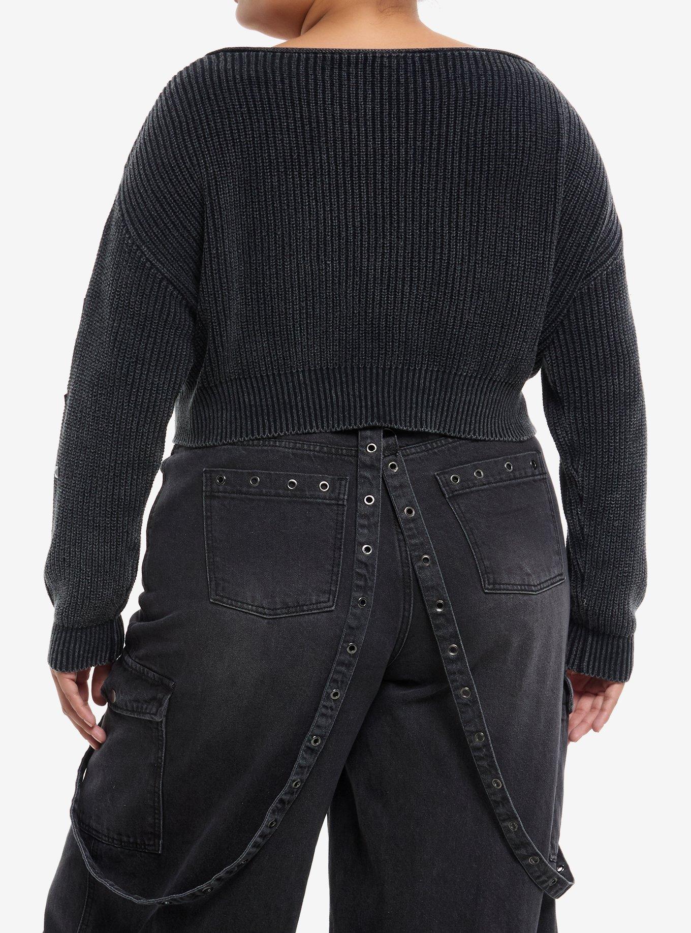 Social Collision Grey Knit Studded Girls Crop Sweater Plus Size, BLACK, alternate