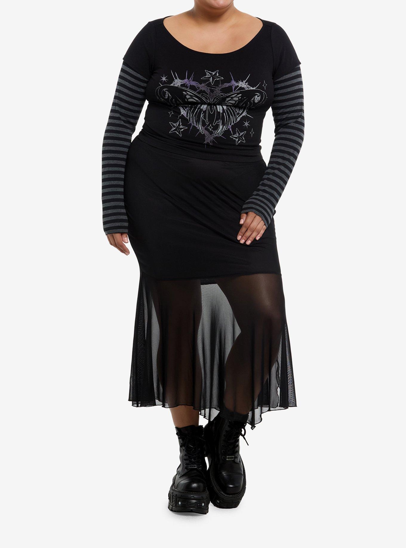 Social Collision Butterfly Stripe Girls Crop Long-Sleeve Twofer Plus Size, , hi-res