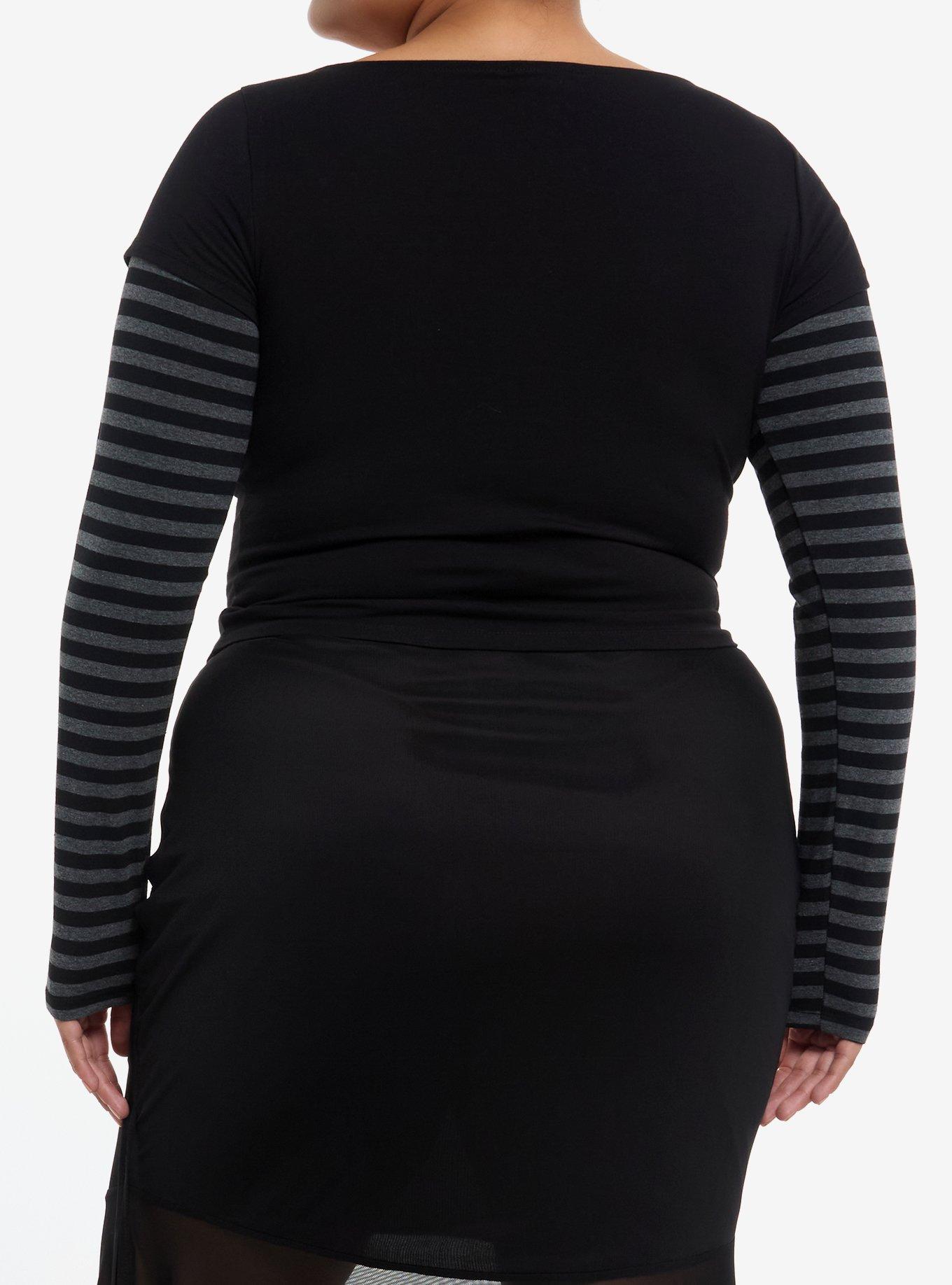 Social Collision Butterfly Stripe Girls Crop Long-Sleeve Twofer Plus Size, GREEN, alternate