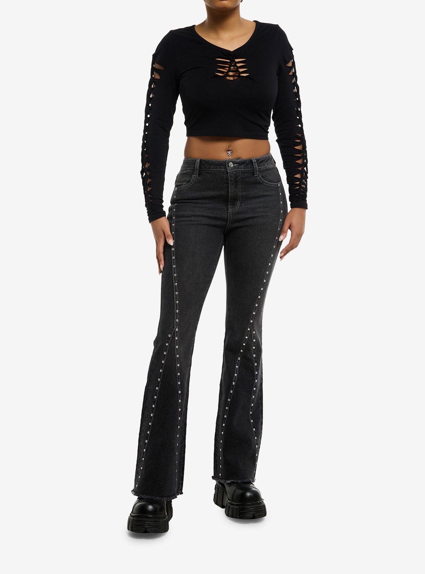 Social Collision Black Slashed Girls Crop Long-Sleeve Top, BLACK, alternate