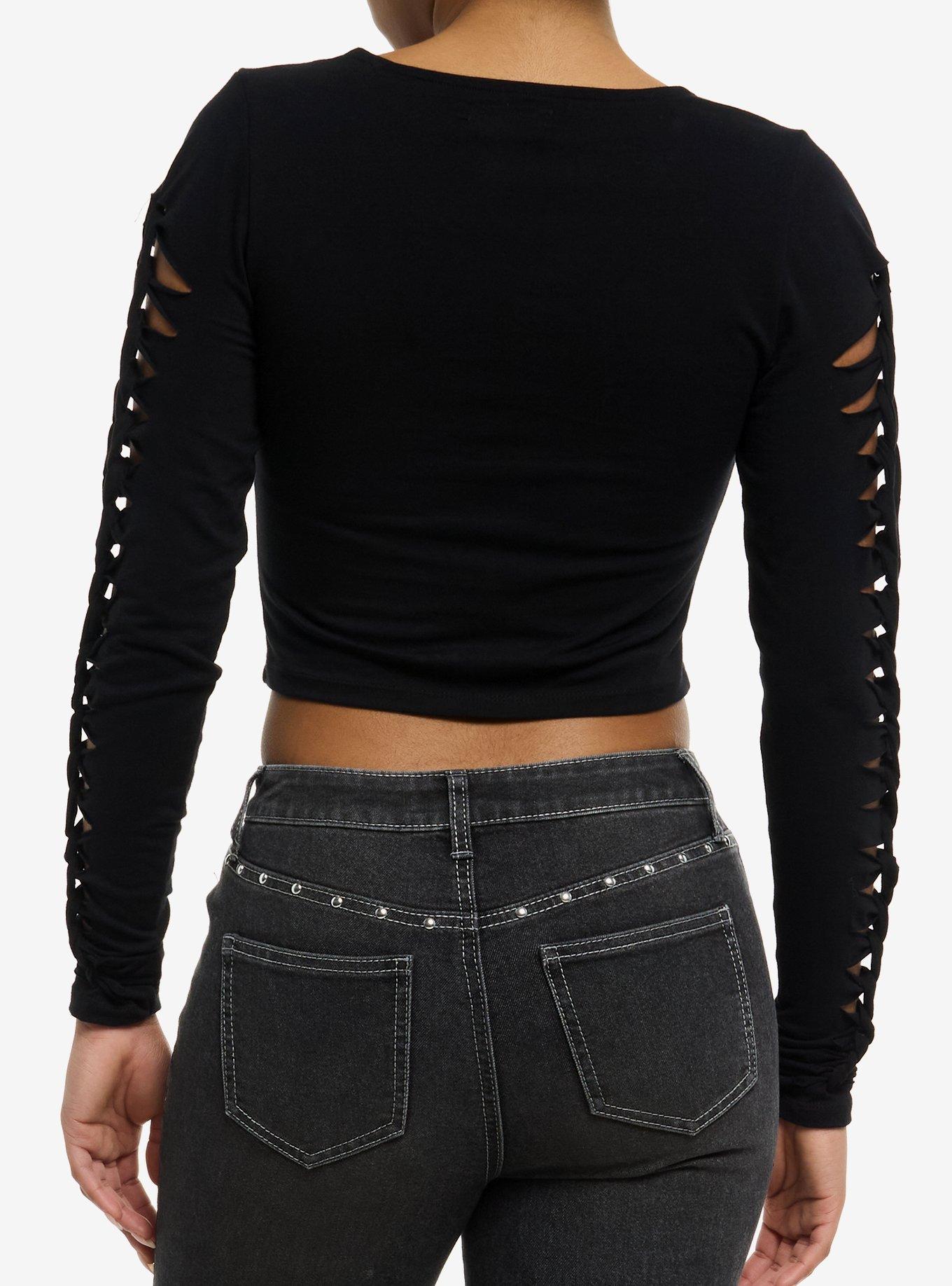 Social Collision Black Slashed Girls Crop Long-Sleeve Top, BLACK, alternate