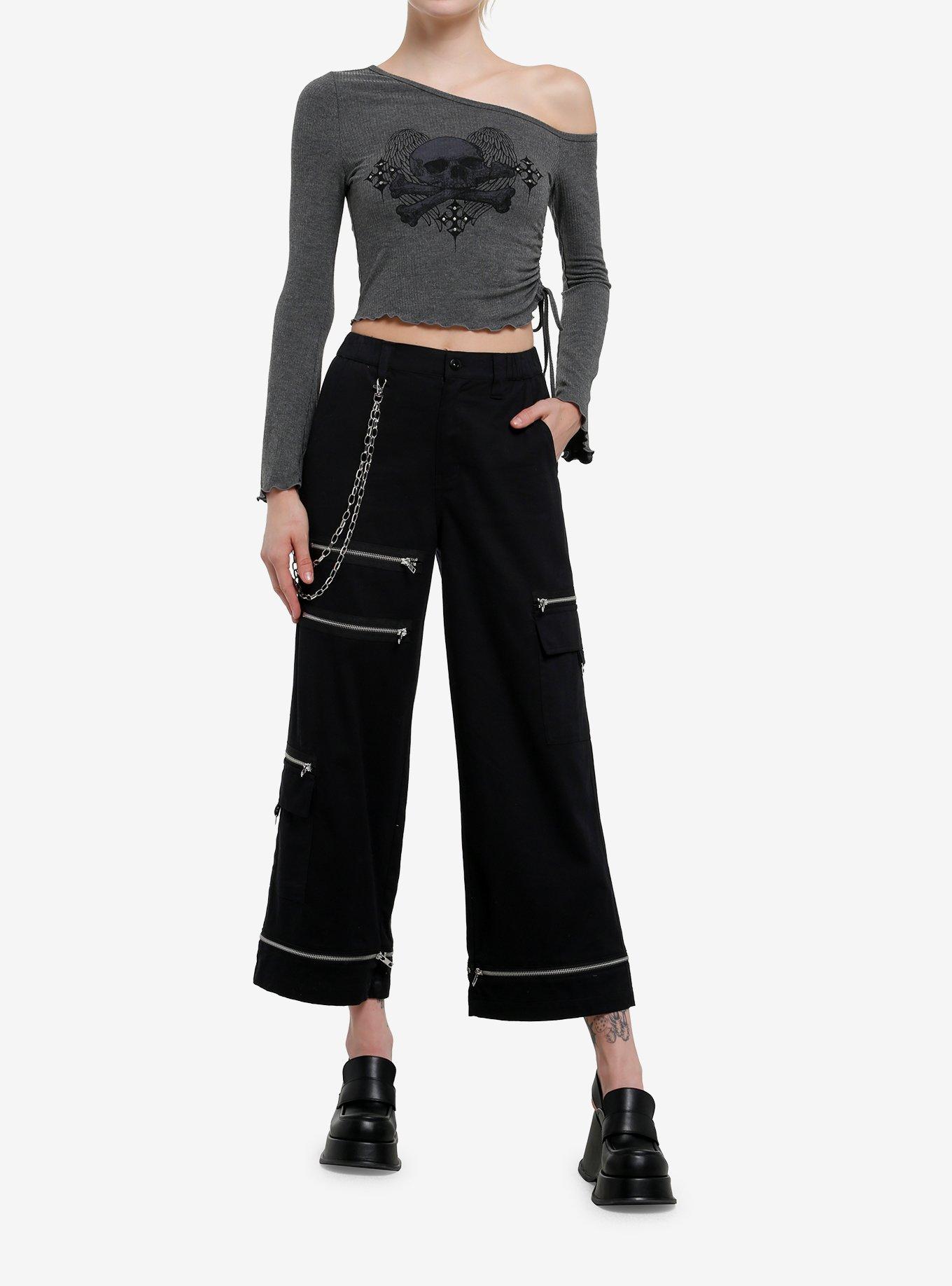 Social Collision Winged Skull Off-Shoulder Crop Girls Long-Sleeve Top, , hi-res