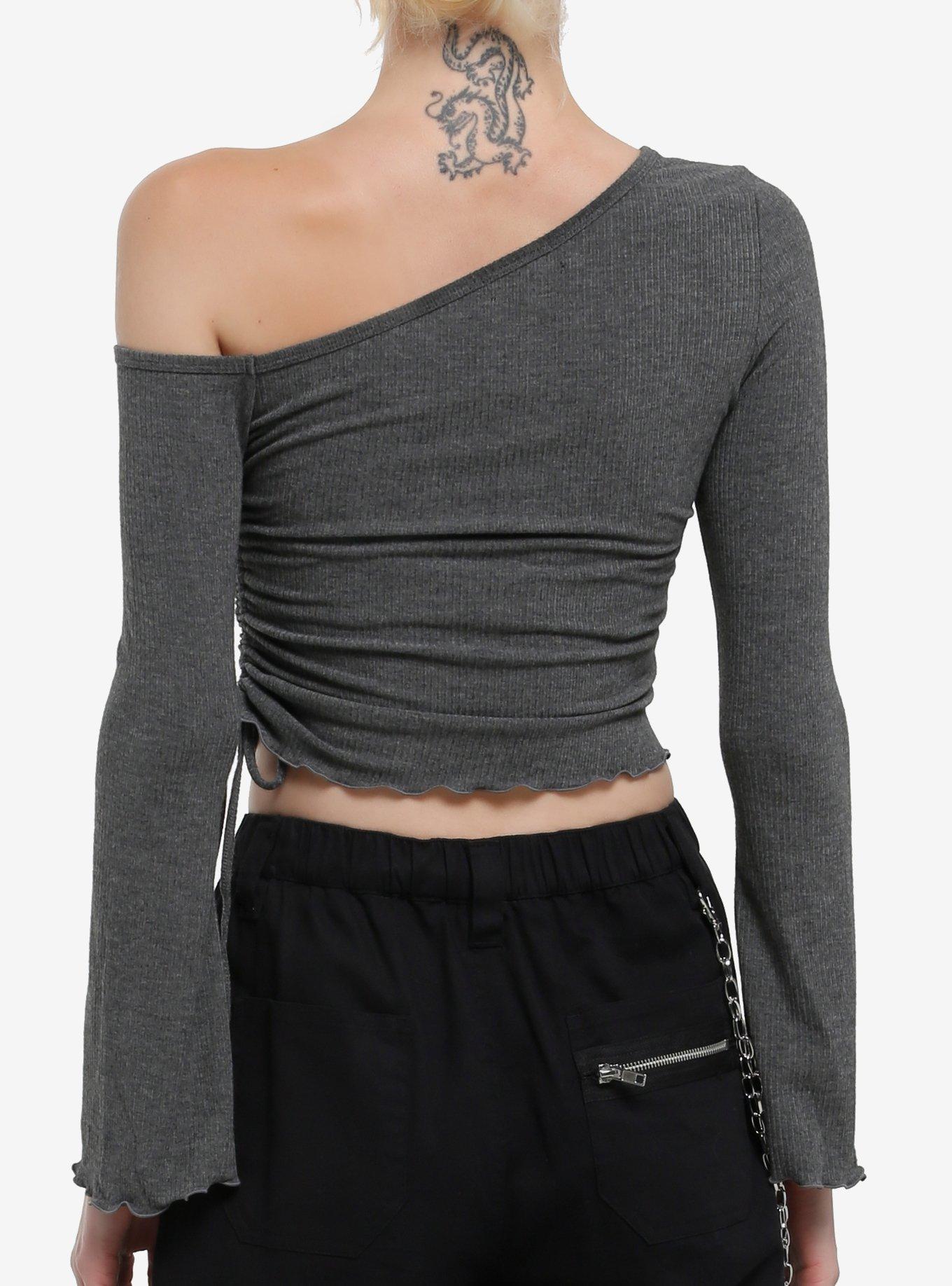 Social Collision Winged Skull Off-Shoulder Crop Girls Long-Sleeve Top, BLACK, alternate