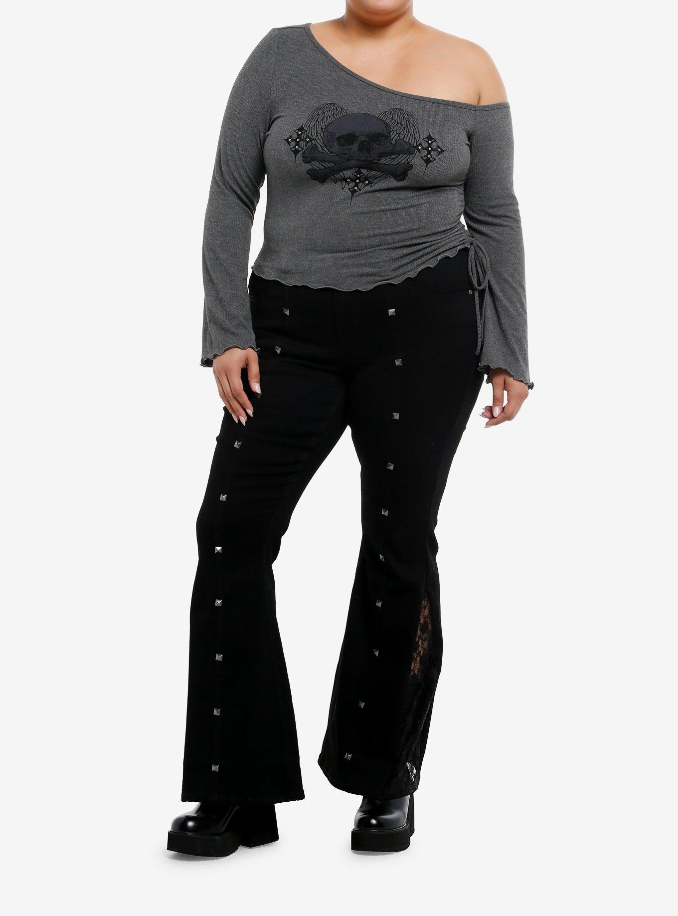 Social Collision Winged Skull Off-Shoulder Girls Crop Long-Sleeve Top Plus Size, , hi-res