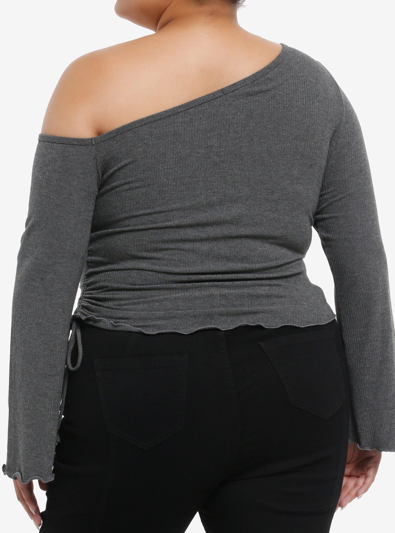Social Collision Winged Skull Off-Shoulder Girls Crop Long-Sleeve Top Plus Size, BLACK, alternate