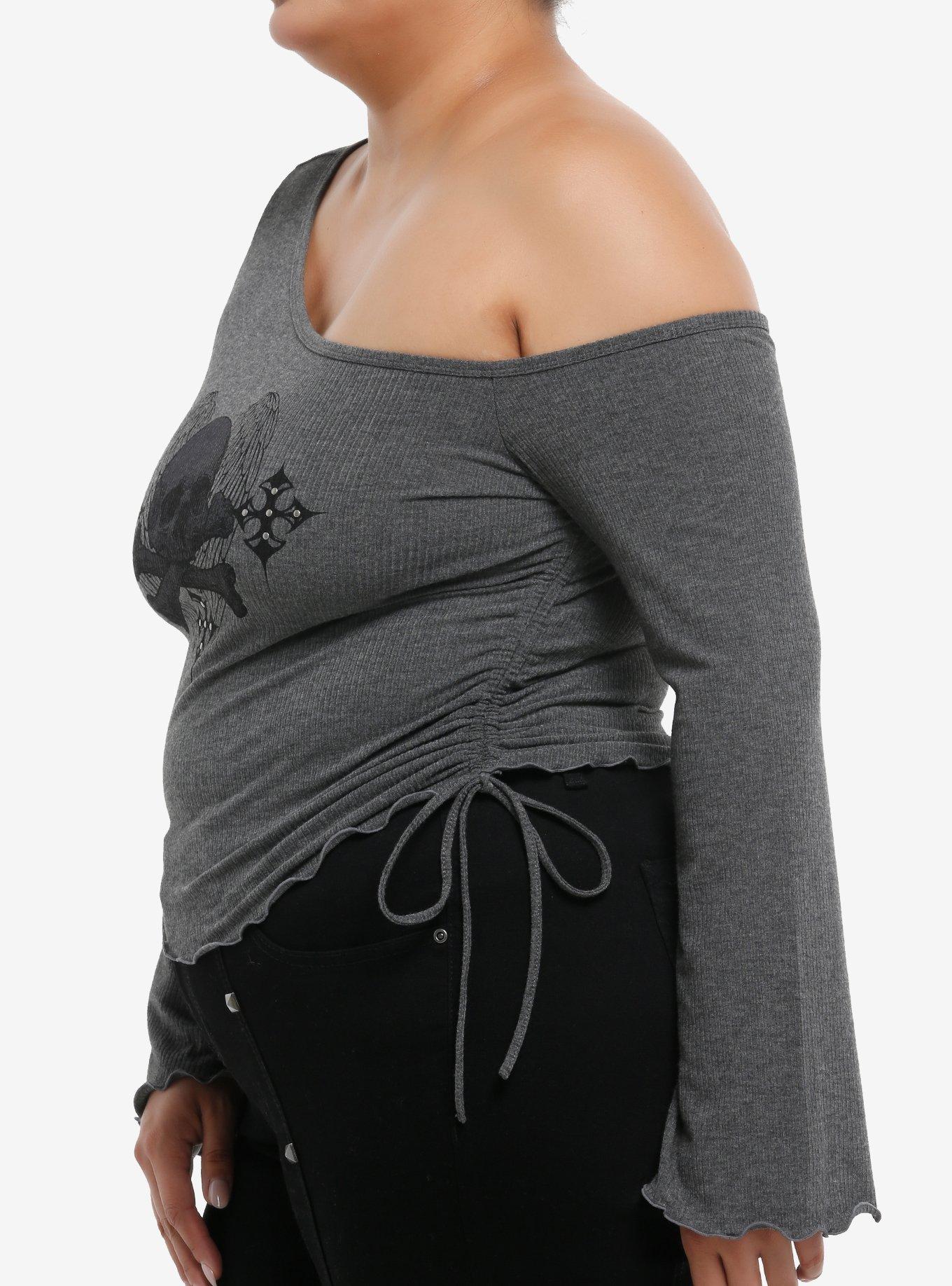 Social Collision Winged Skull Off-Shoulder Girls Crop Long-Sleeve Top Plus Size, BLACK, alternate