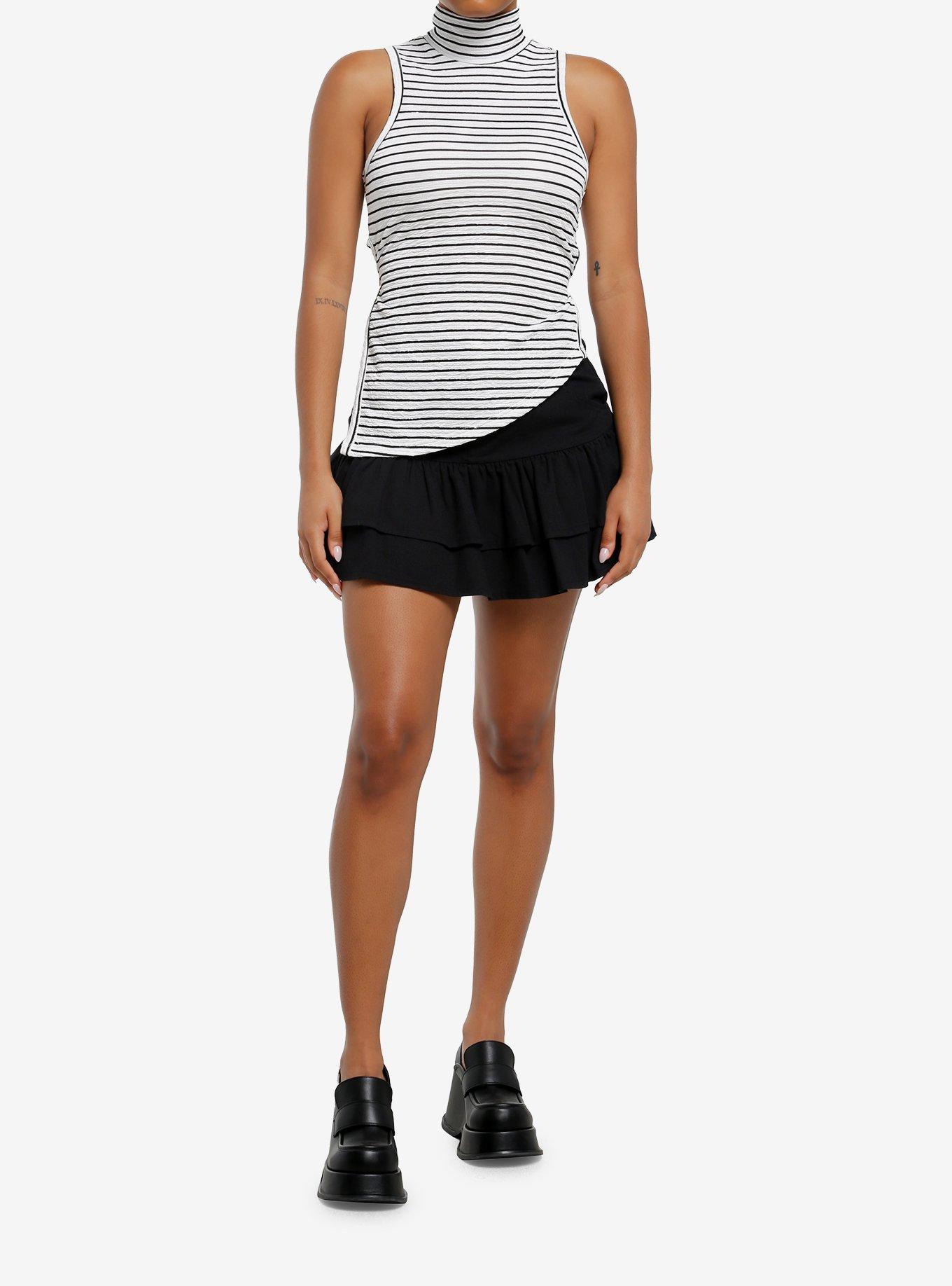Social Collision Black & White Stripe Mock Neck Asymmetrical Girls Tank Top, , hi-res