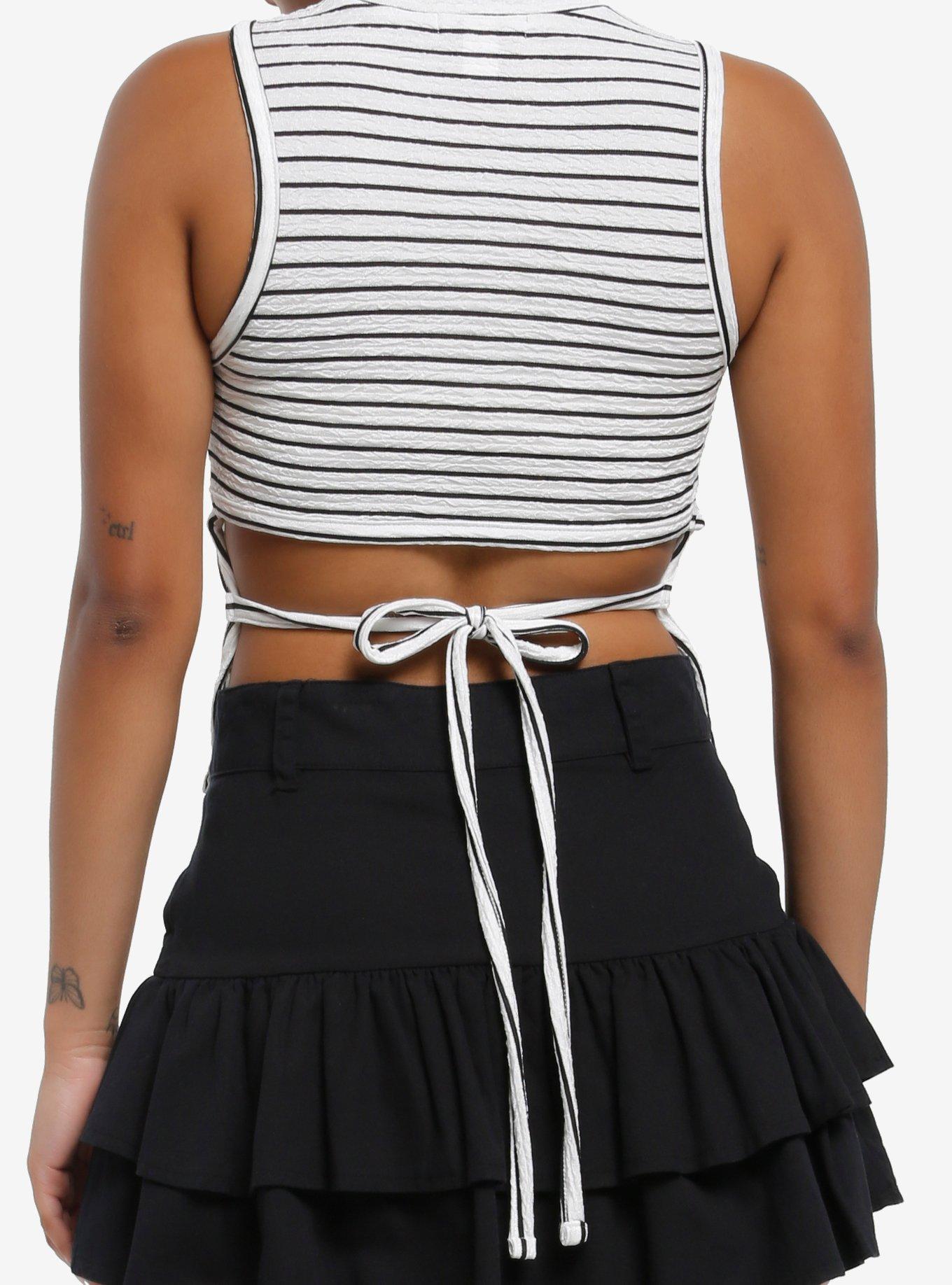 Social Collision Black & White Stripe Mock Neck Asymmetrical Girls Tank Top, BLACK, alternate