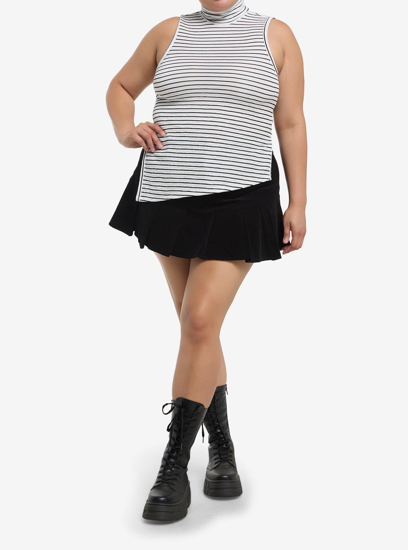 Social Collision Black & White Stripe Mock Neck Asymmetrical Girls Tank Top Plus Size, , hi-res