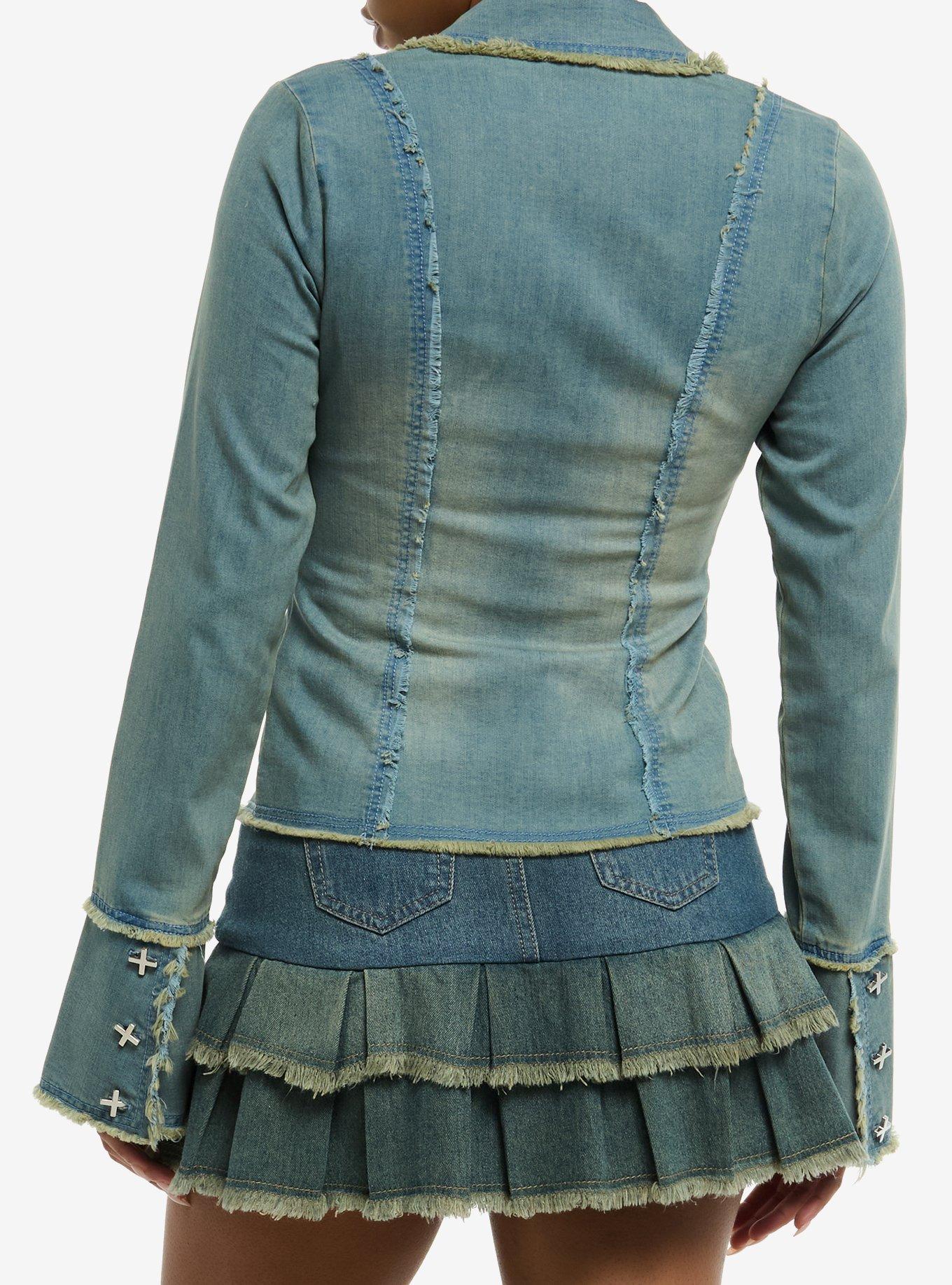 Social Collision Denim Raw Hem Double Zipper Girls Denim Jacket, INDIGO, alternate