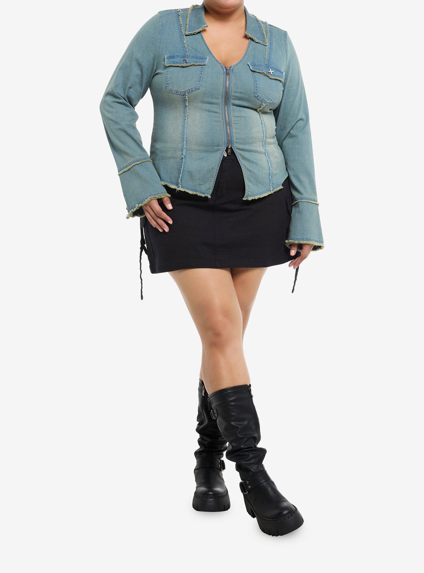 Social Collision Denim Raw Hem Double Zipper Girls Denim Jacket Plus Size, , hi-res