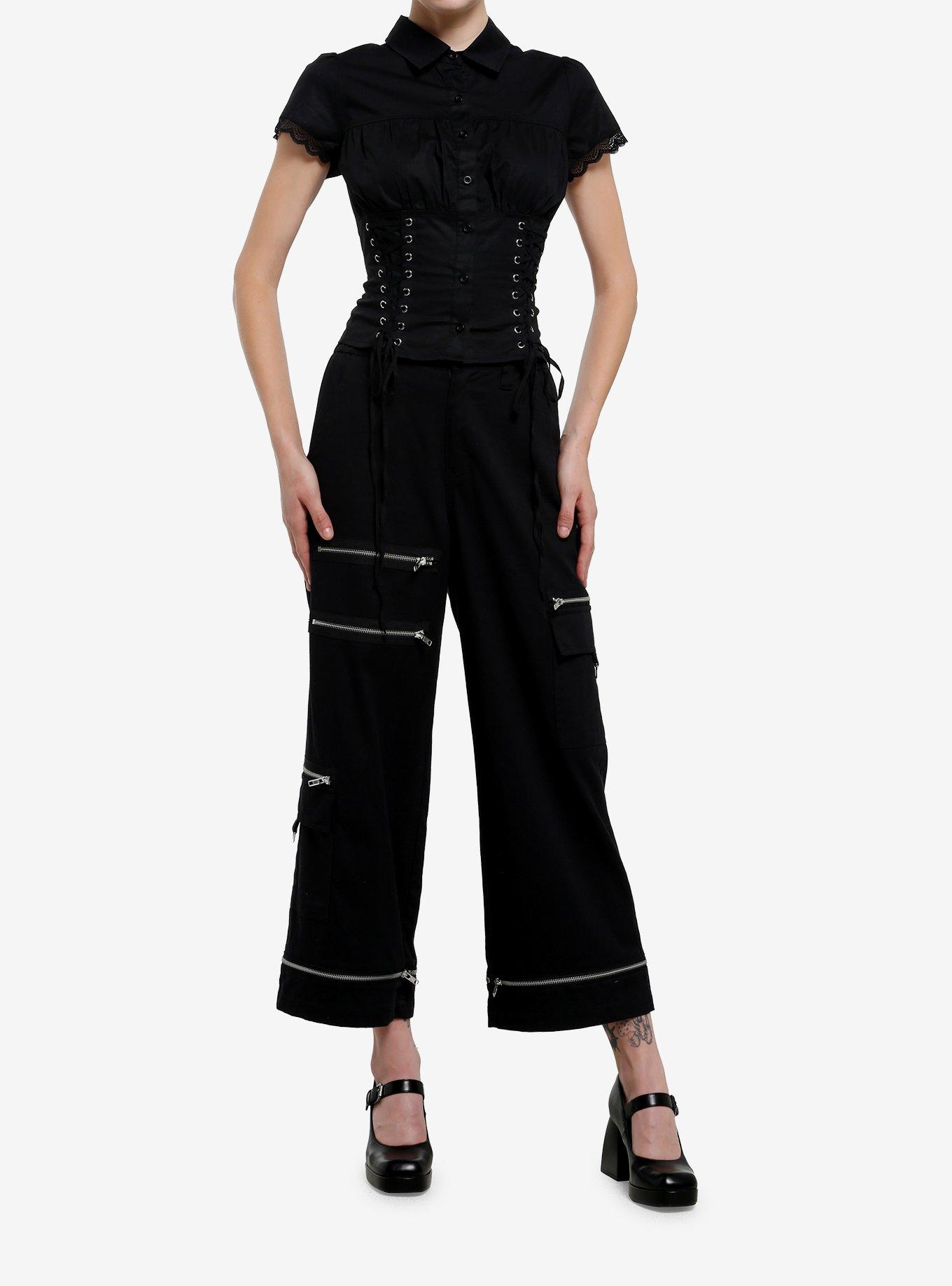 Social Collision Black Lace Up Girls Woven Button-Up, , hi-res