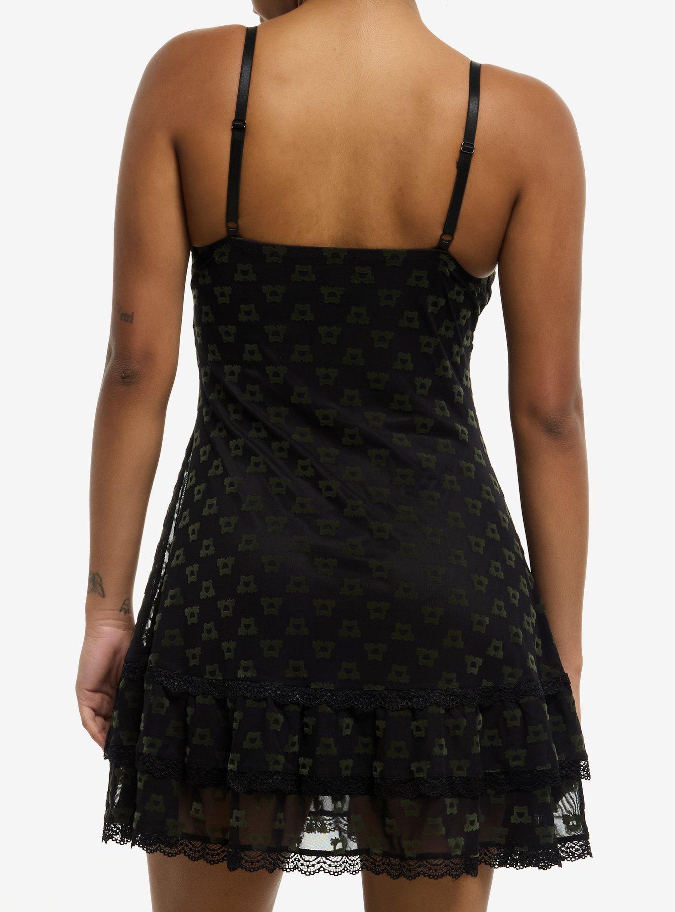 Thorn & Fable Green Frog Mesh Lace Cami Dress, BLACK, alternate