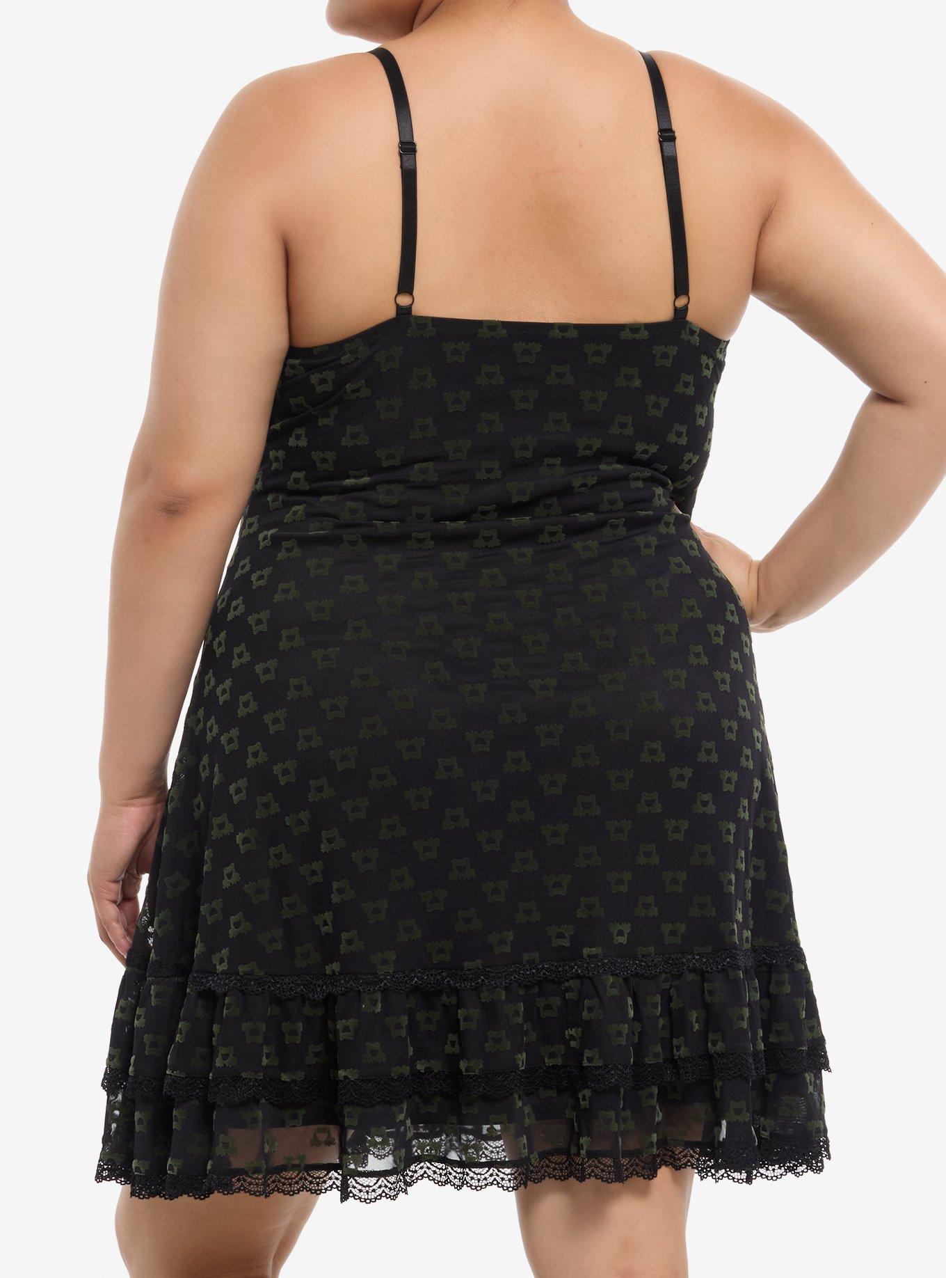 Thorn & Fable Green Frog Mesh Lace Cami Dress Plus Size, BLACK, alternate